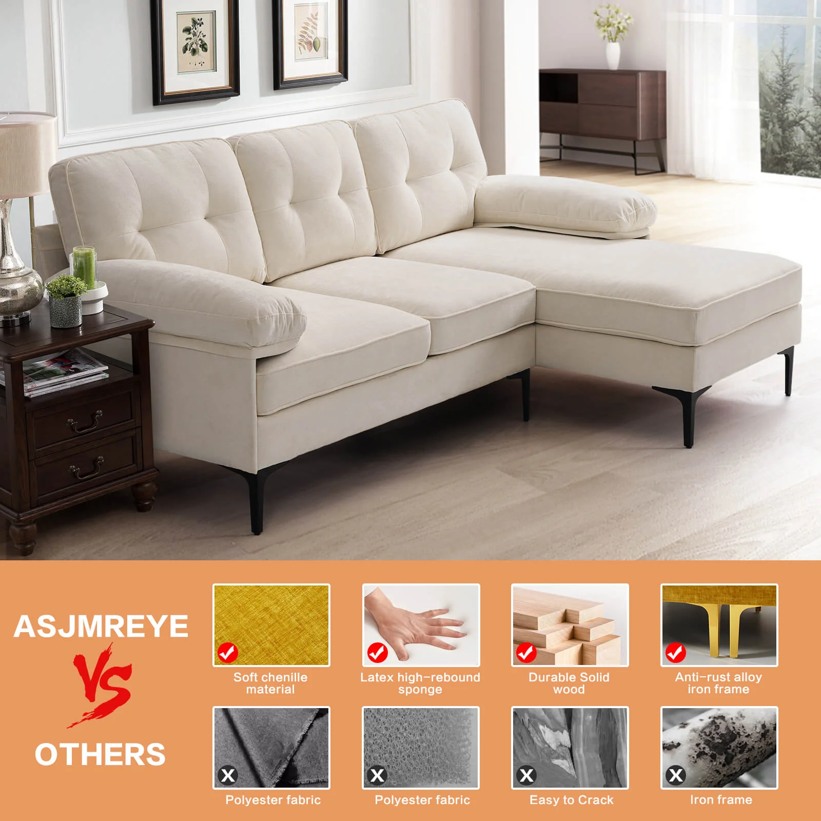 85" Sectional Couch Sofa for Living Room with Reversible Chaise - Image 24
