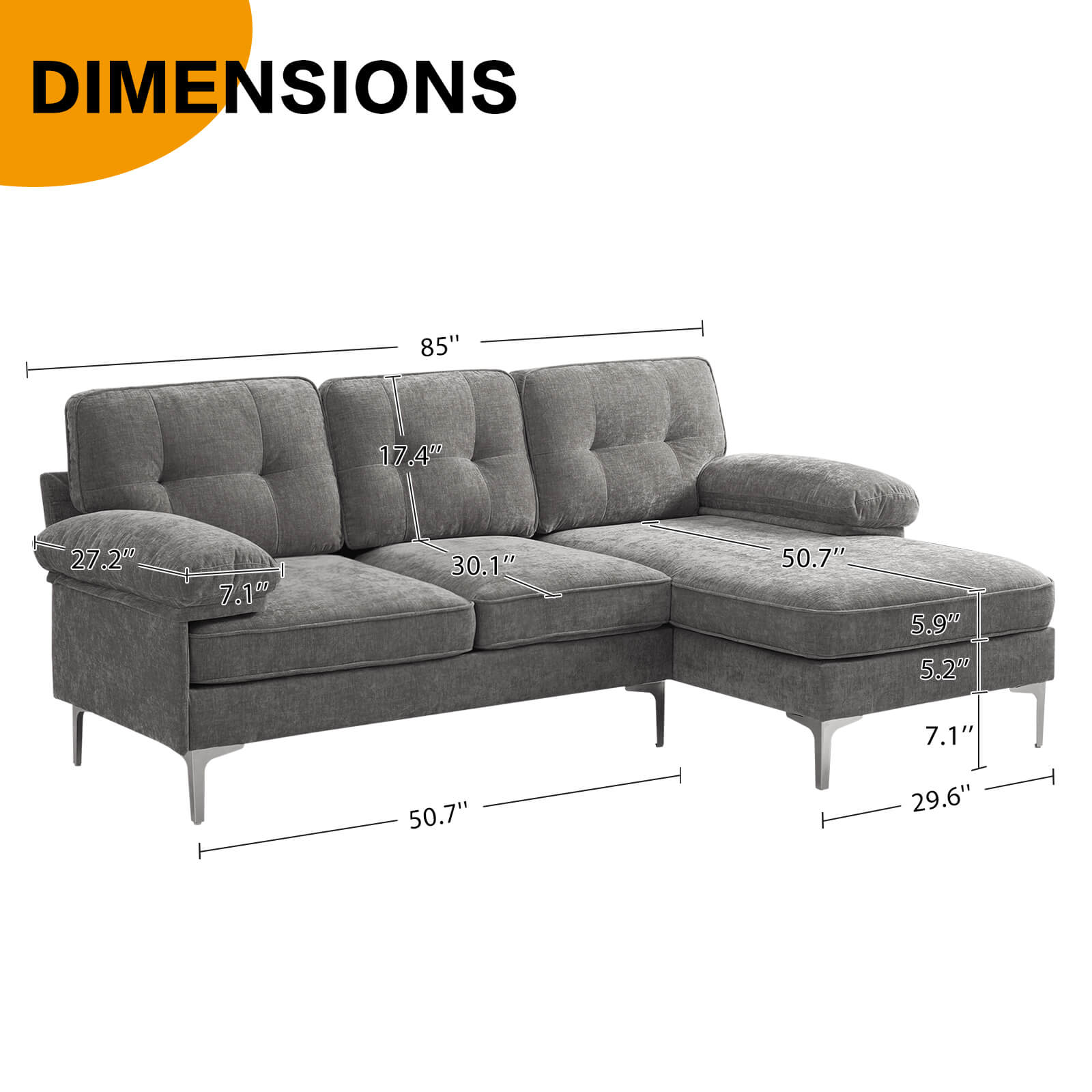 85" Sectional Couch Sofa for Living Room with Reversible Chaise - Image 29
