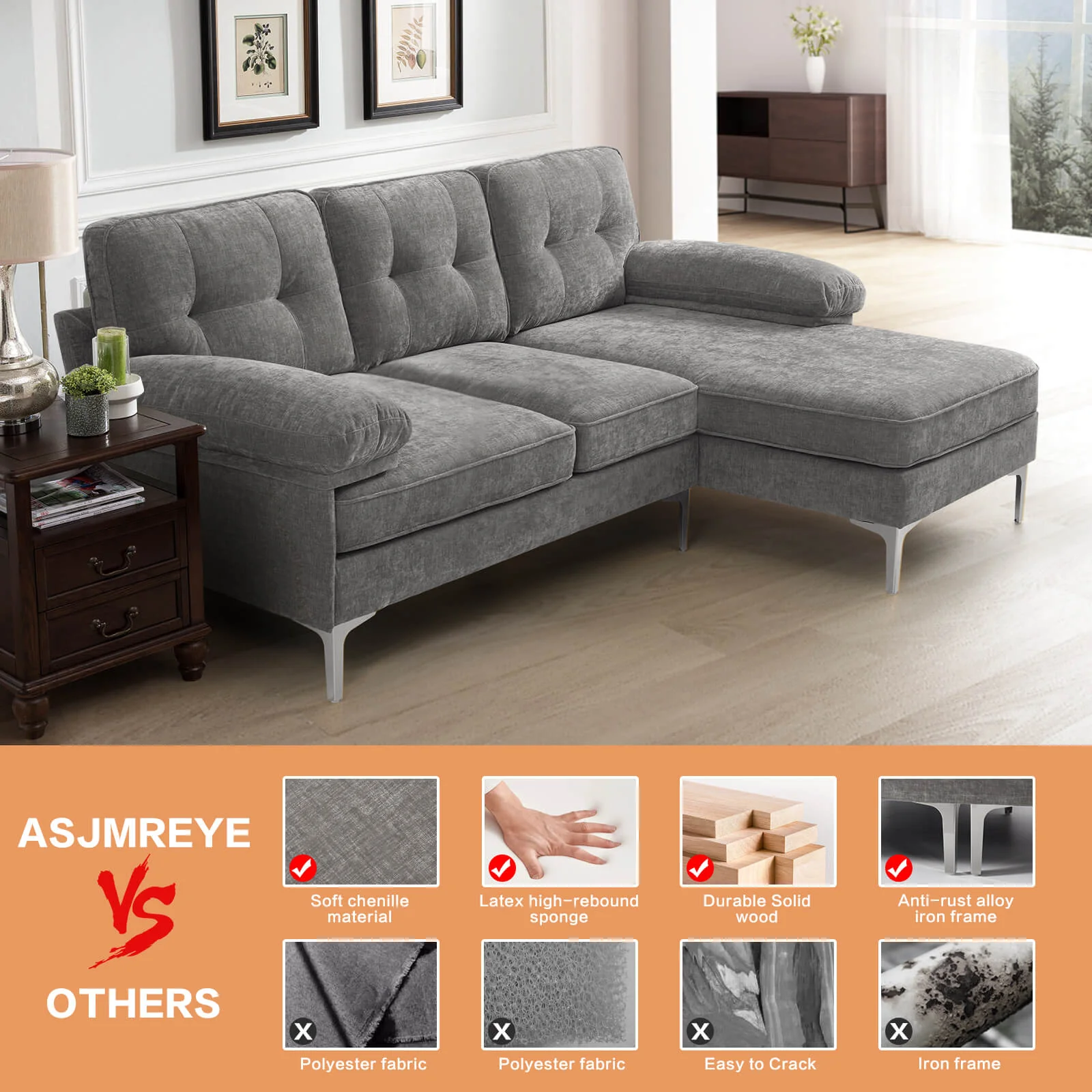 85" Sectional Couch Sofa for Living Room with Reversible Chaise - Image 32