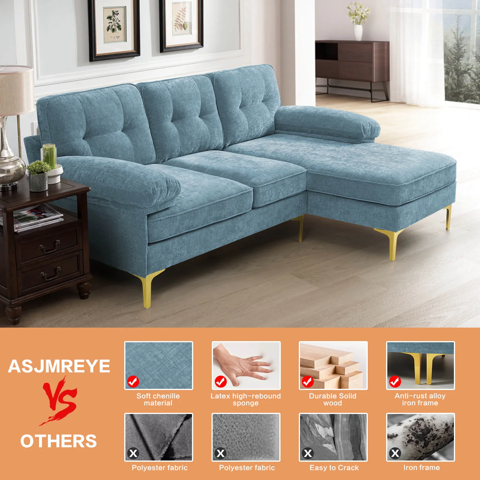 85" Sectional Couch Sofa for Living Room with Reversible Chaise - Image 40