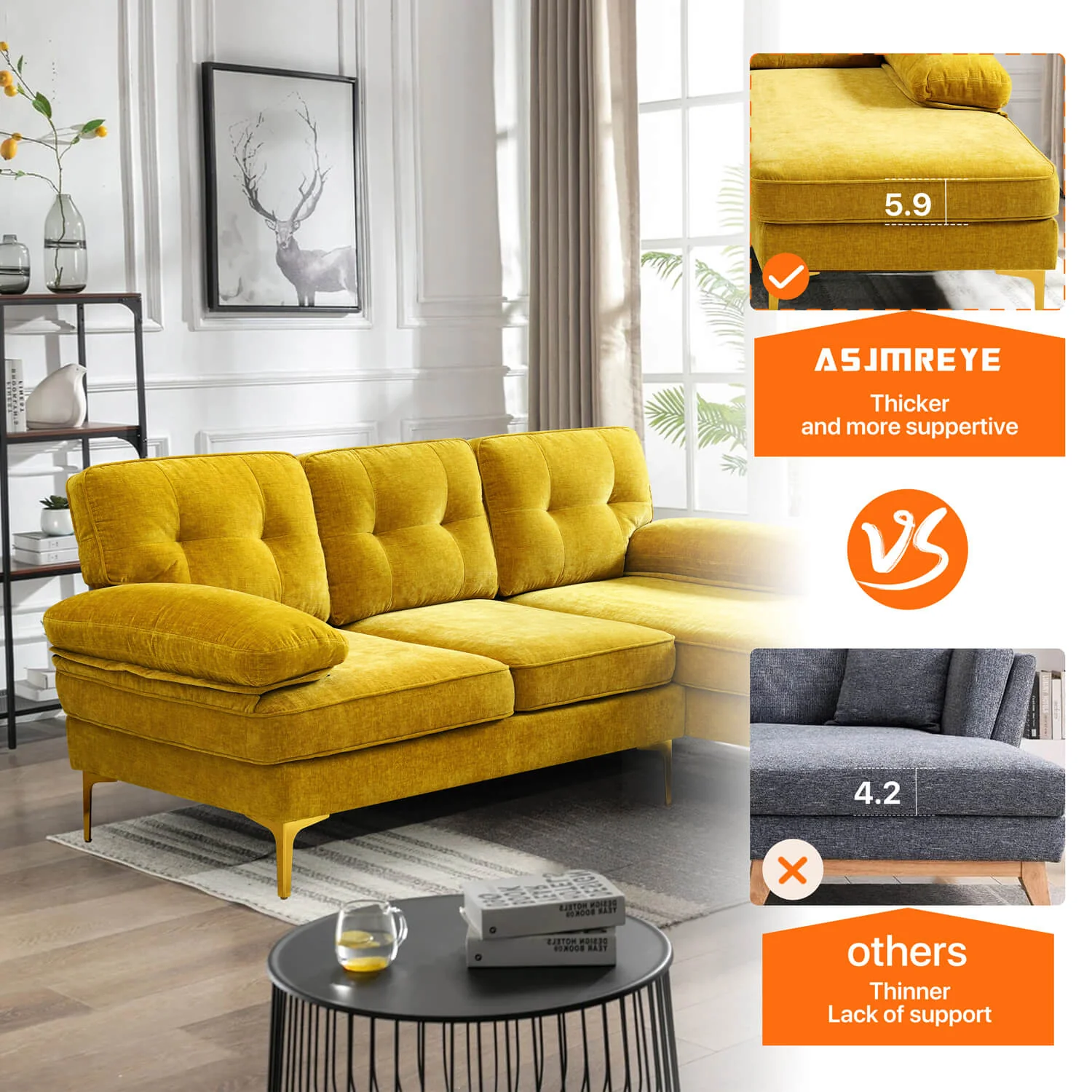 85" Sectional Couch Sofa for Living Room with Reversible Chaise - Image 5