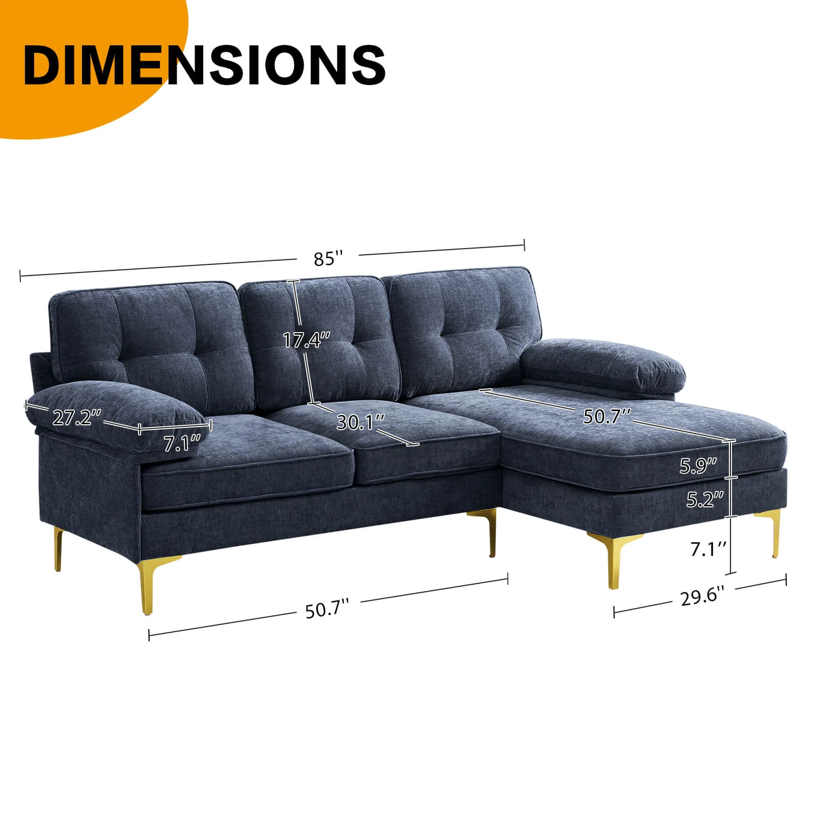 85" Sectional Couch Sofa for Living Room with Reversible Chaise - Image 52