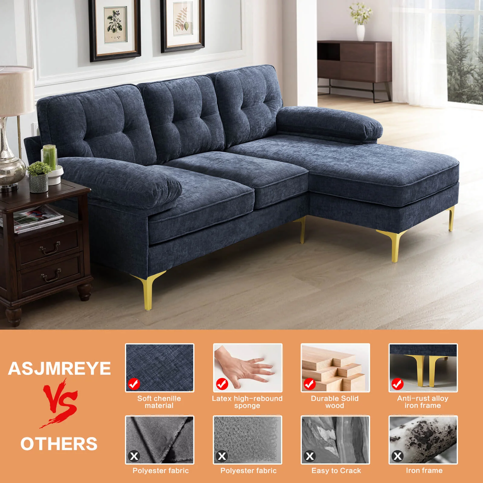 85" Sectional Couch Sofa for Living Room with Reversible Chaise - Image 53