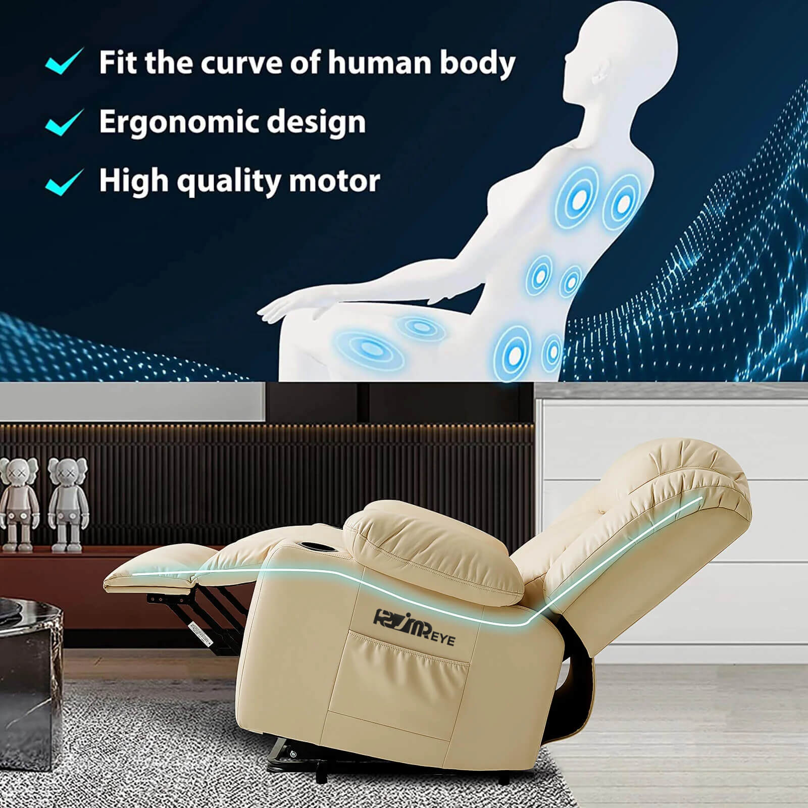 ASJMREYE Luxury Power Lift Recliner Massage Chair with Vibration Massage and Heating, Beige - Image 4