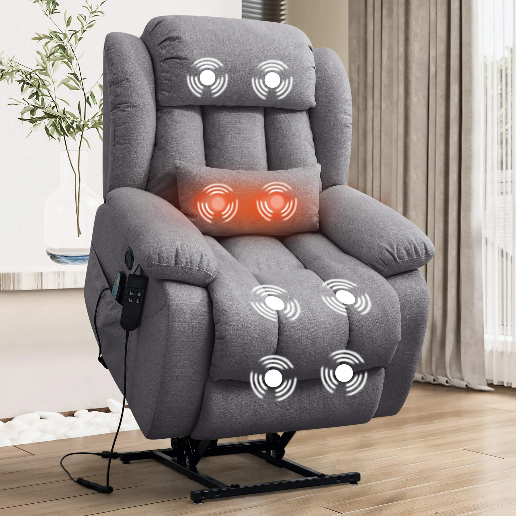 Infinite Position Dual Motor Power Lift Recliner Chair W/ Heat and Massage, Including Lumbar Pillow, Linen - Image 11