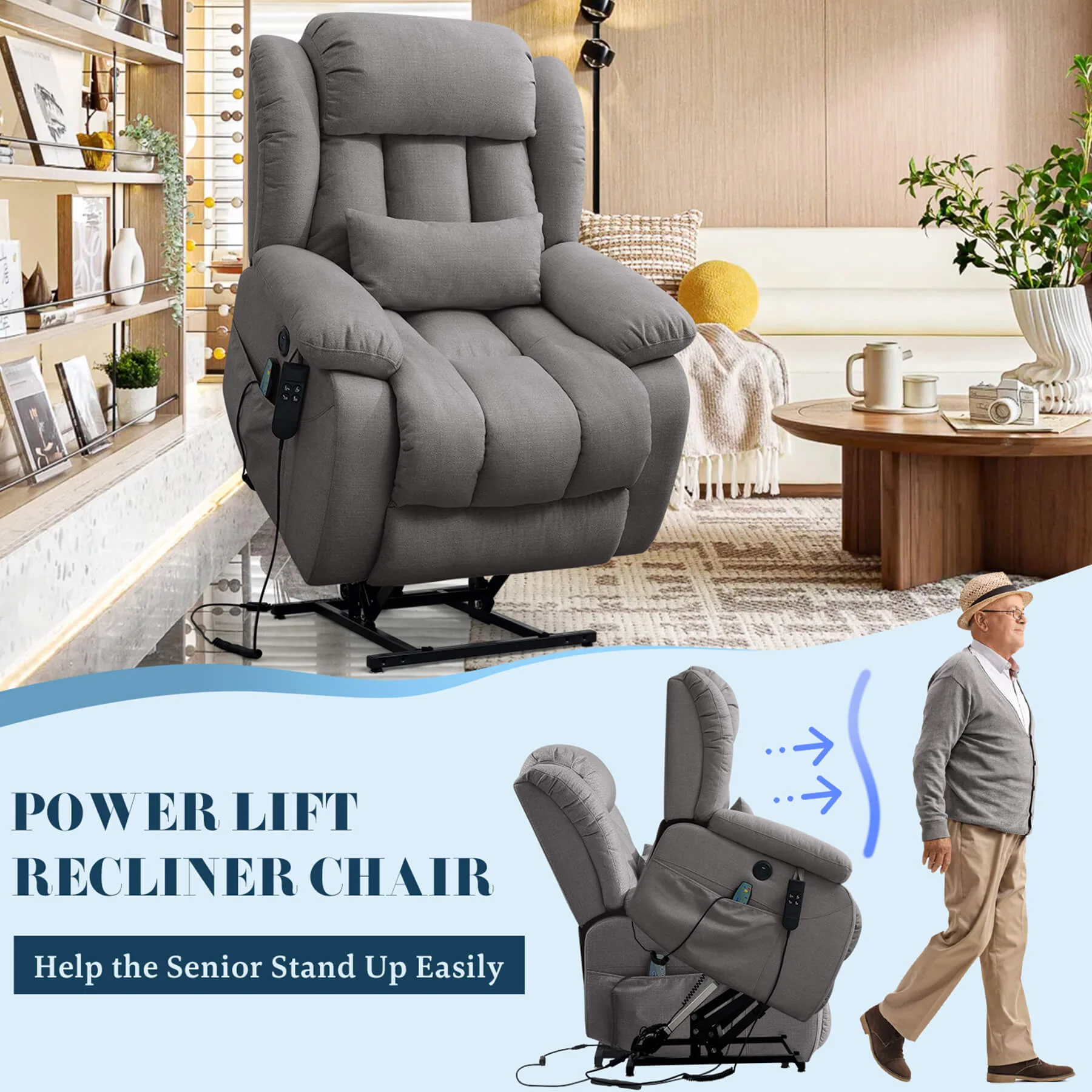 Infinite Position Dual Motor Power Lift Recliner Chair W/ Heat and Massage, Including Lumbar Pillow, Linen - Image 15