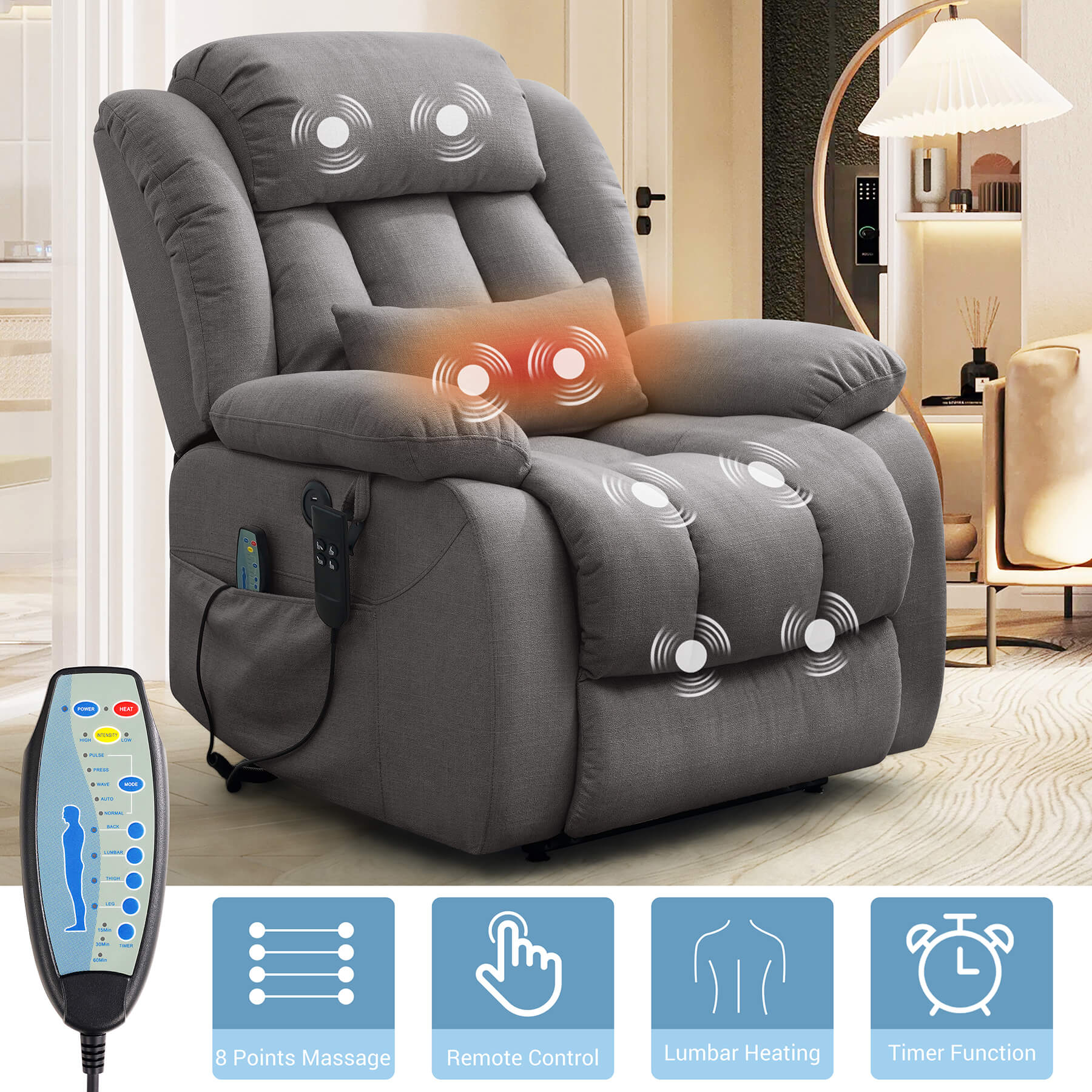 Infinite Position Dual Motor Power Lift Recliner Chair W/ Heat and Massage, Including Lumbar Pillow, Linen - Image 16
