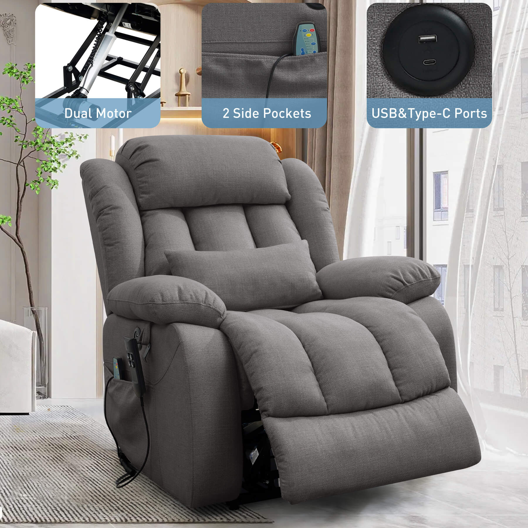 Infinite Position Dual Motor Power Lift Recliner Chair W/ Heat and Massage, Including Lumbar Pillow, Linen - Image 18