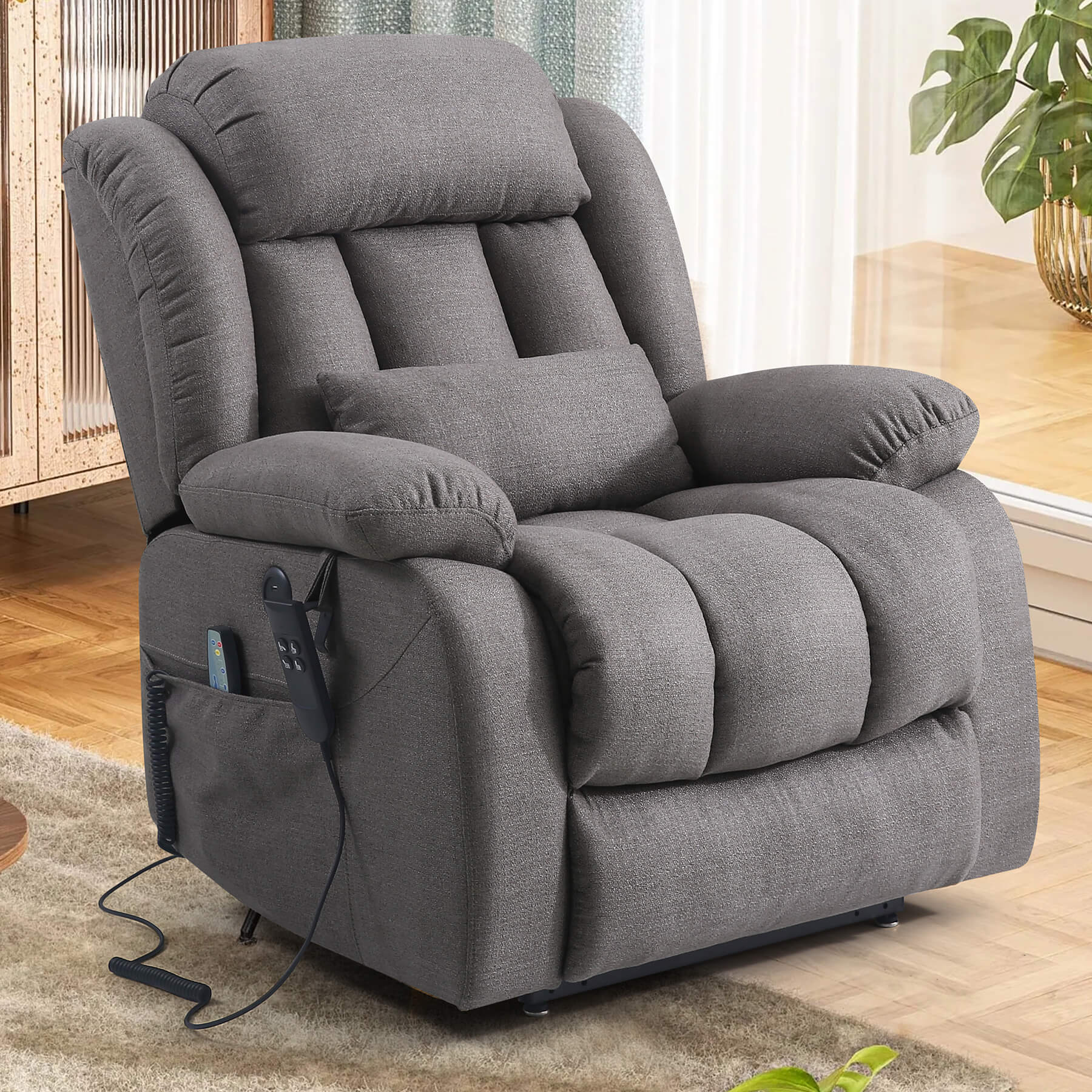 Infinite Position Dual Motor Power Lift Recliner Chair W/ Heat and Massage, Including Lumbar Pillow, Linen - Image 19