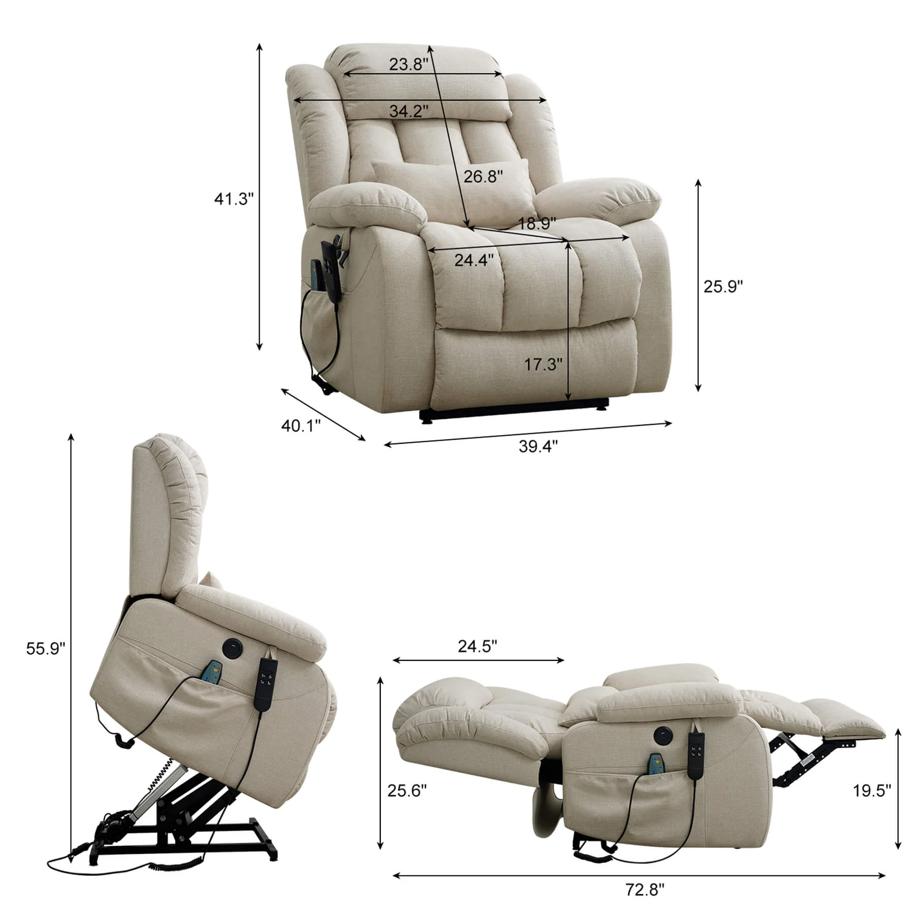 Infinite Position Dual Motor Power Lift Recliner Chair W/ Heat and Massage, Including Lumbar Pillow, Linen - Image 3