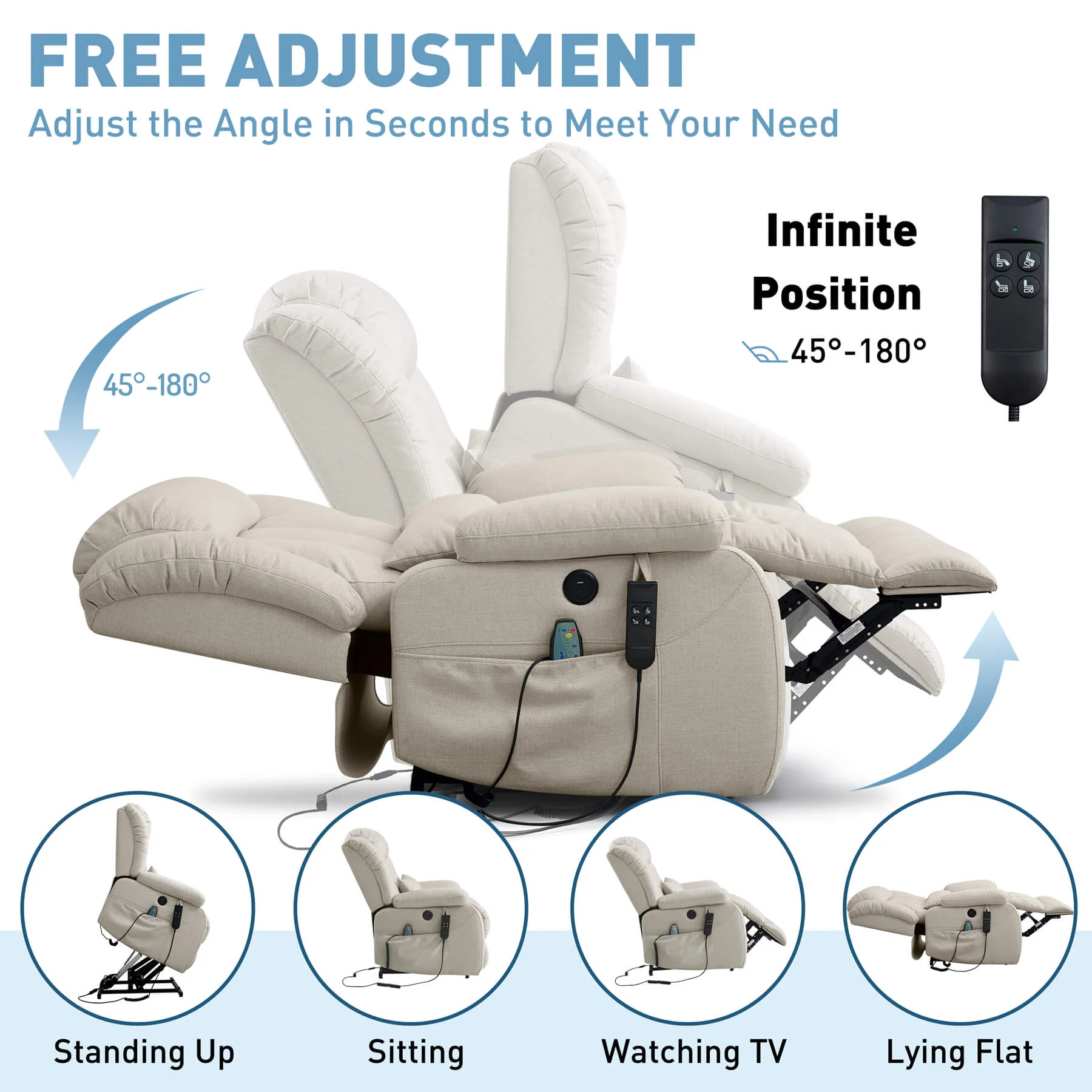 Infinite Position Dual Motor Power Lift Recliner Chair W/ Heat and Massage, Including Lumbar Pillow, Linen - Image 4