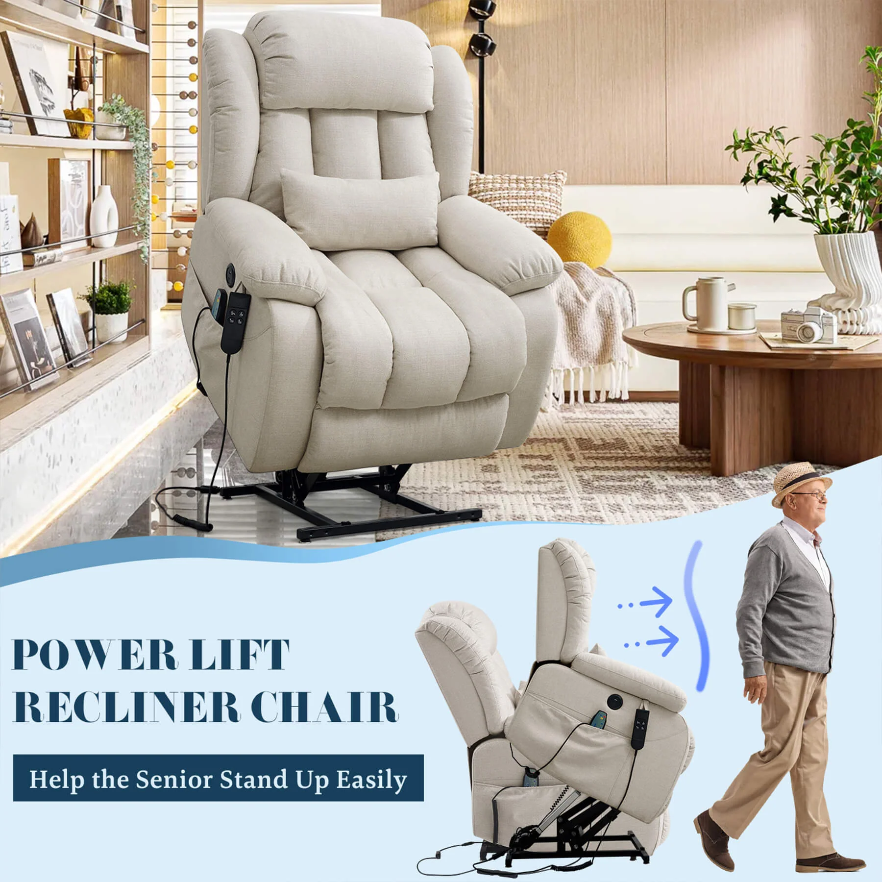 Infinite Position Dual Motor Power Lift Recliner Chair W/ Heat and Massage, Including Lumbar Pillow, Linen - Image 5