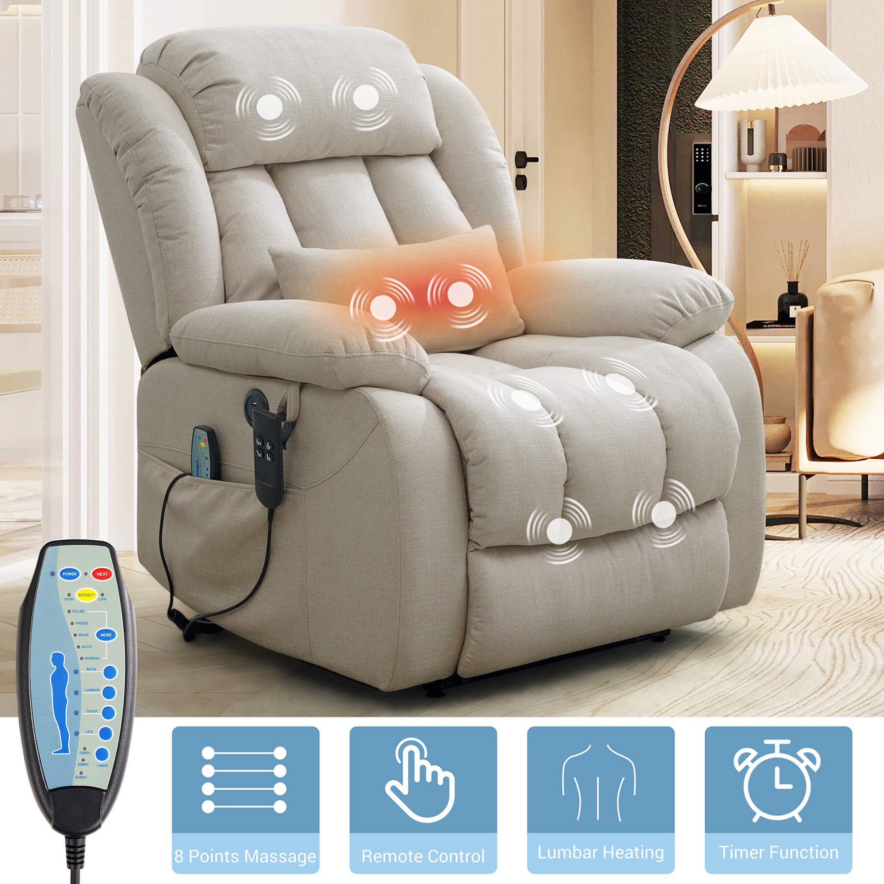 Infinite Position Dual Motor Power Lift Recliner Chair W/ Heat and Massage, Including Lumbar Pillow, Linen - Image 6