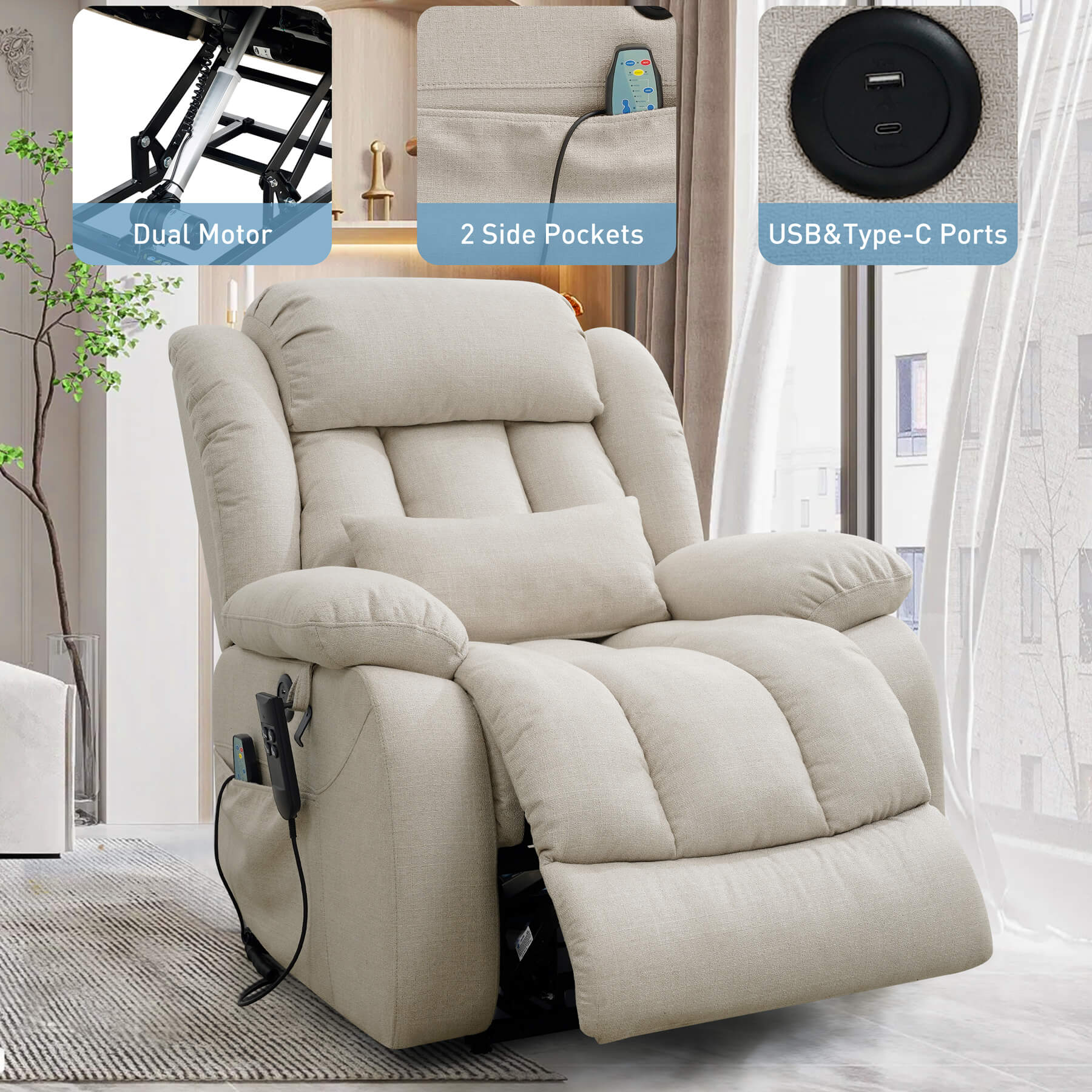 Infinite Position Dual Motor Power Lift Recliner Chair W/ Heat and Massage, Including Lumbar Pillow, Linen - Image 8