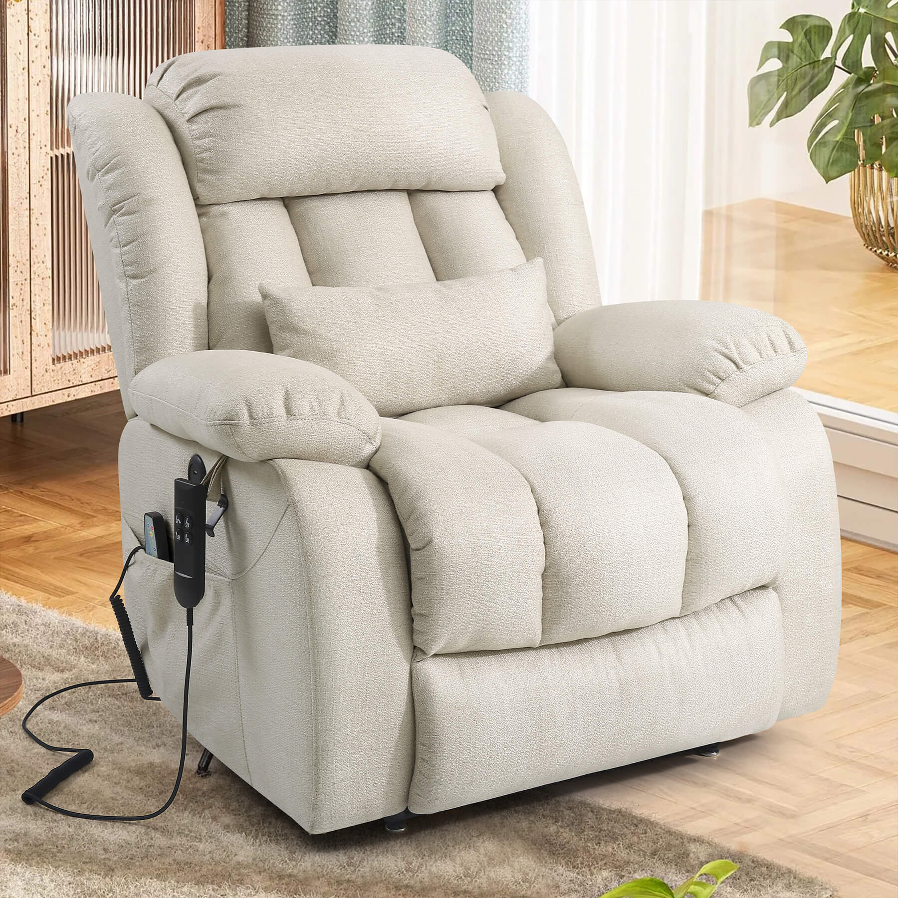 Infinite Position Dual Motor Power Lift Recliner Chair W/ Heat and Massage, Including Lumbar Pillow, Linen - Image 9