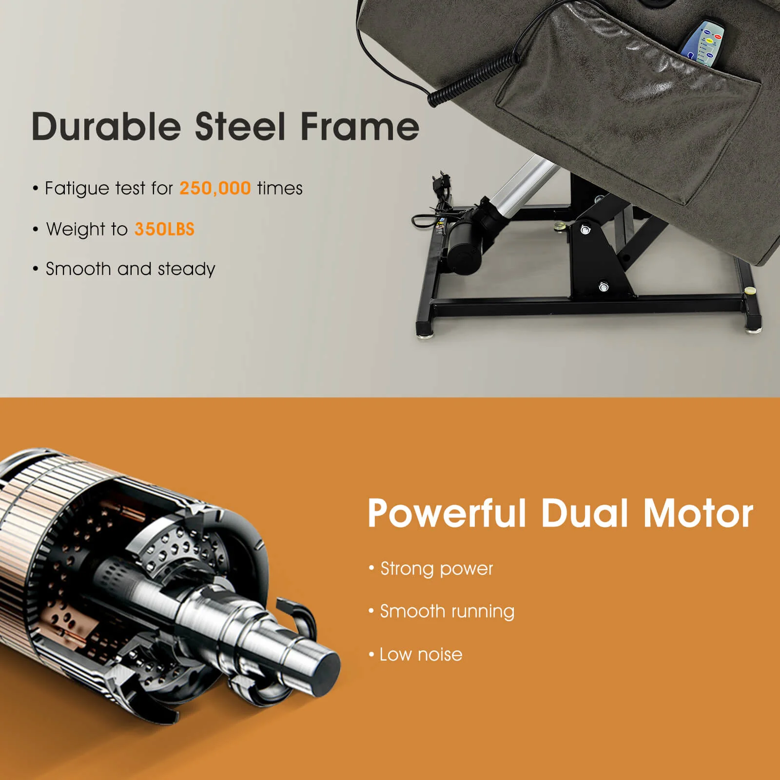 Infinite Position Lift Recliner Chair with Rivet W/ Massage and Heating, Power by Dual Motor, Fabric, Grey - Image 10