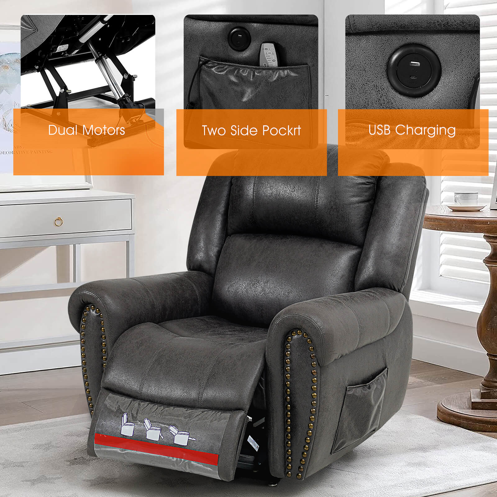 Infinite Position Lift Recliner Chair with Rivet W/ Massage and Heating, Power by Dual Motor, Fabric, Grey - Image 12