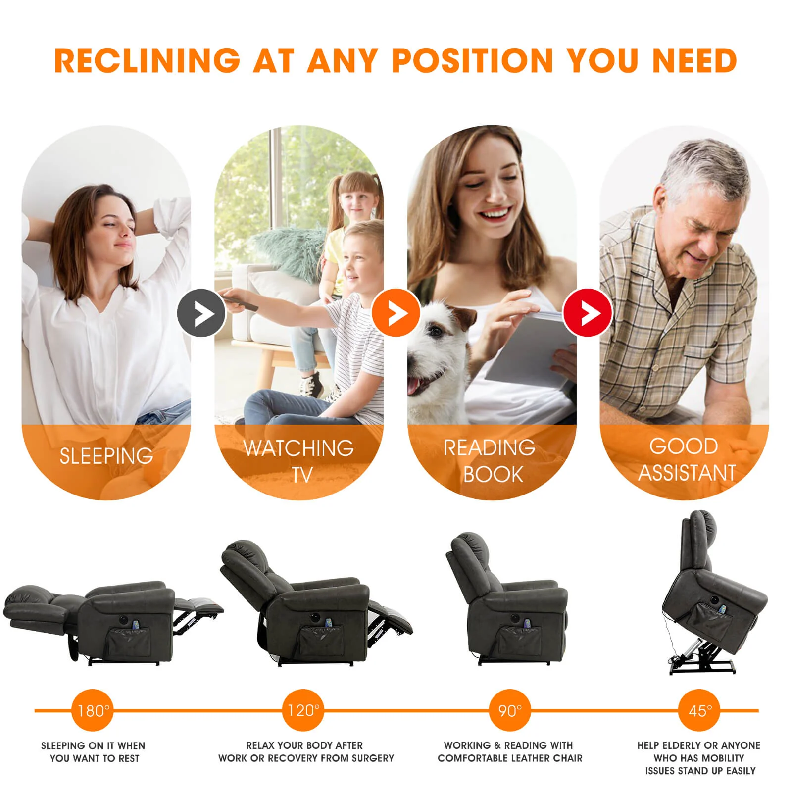Infinite Position Lift Recliner Chair with Rivet W/ Massage and Heating, Power by Dual Motor, Fabric, Grey - Image 13