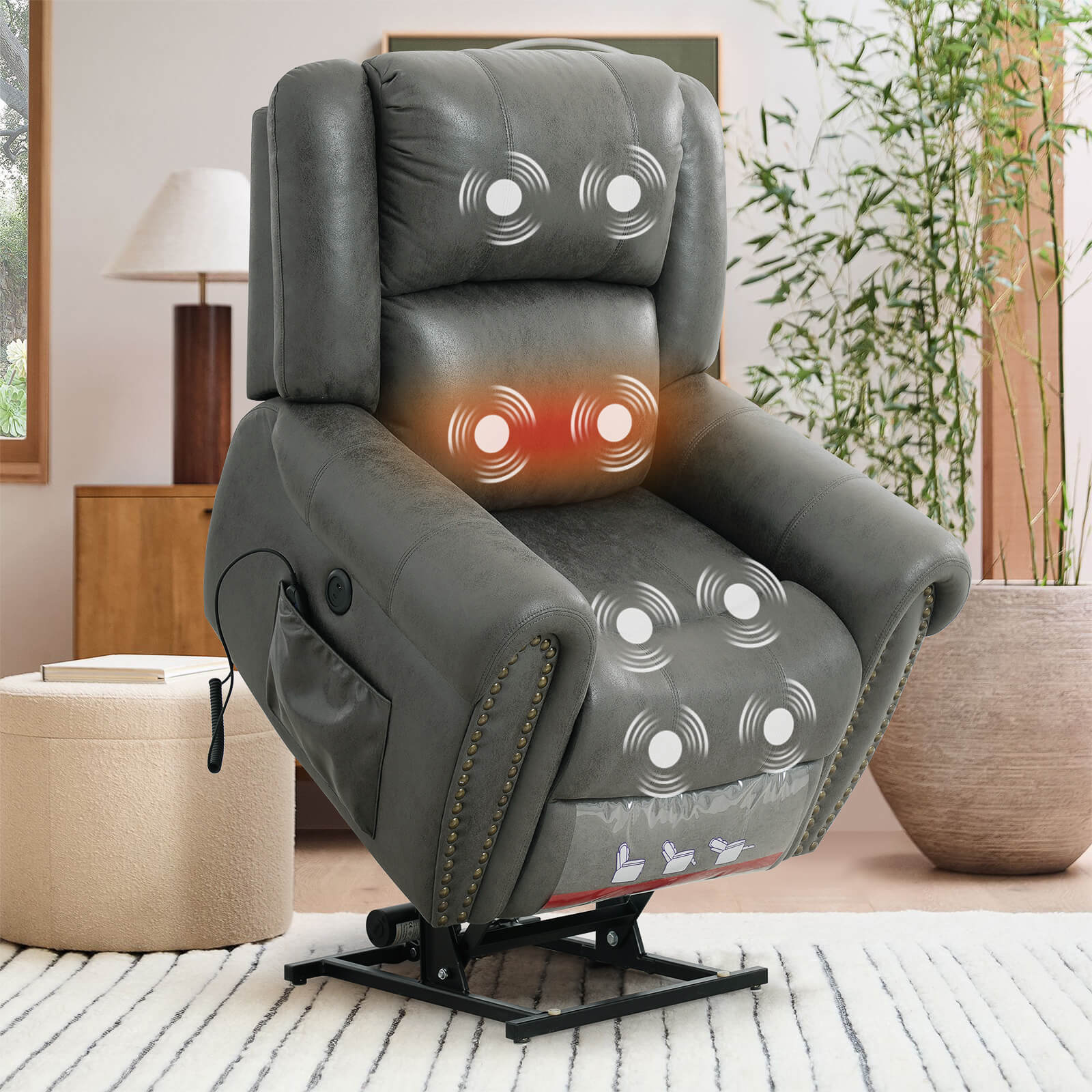 Infinite Position Lift Recliner Chair with Rivet W/ Massage and Heating, Power by Dual Motor, Fabric, Grey - Image 4