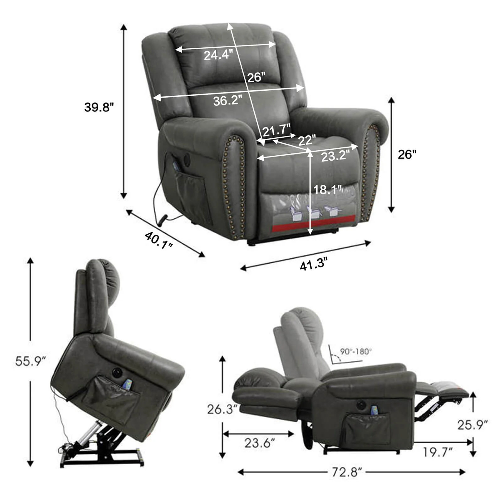 Infinite Position Lift Recliner Chair with Rivet W/ Massage and Heating, Power by Dual Motor, Fabric, Grey - Image 5