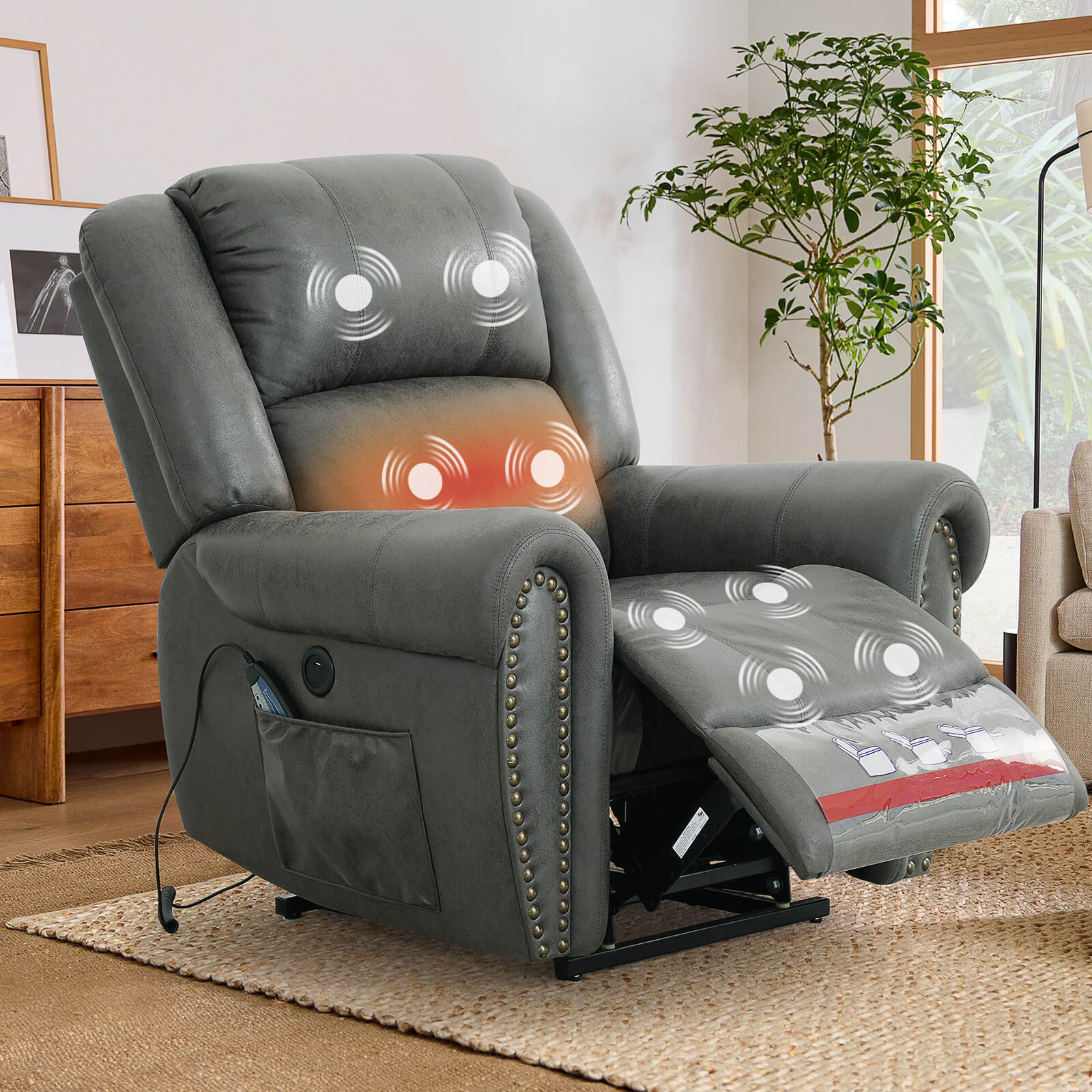 Infinite Position Lift Recliner Chair with Rivet W/ Massage and Heating, Power by Dual Motor, Fabric, Grey - Image 6