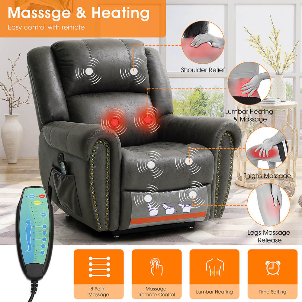 Infinite Position Lift Recliner Chair with Rivet W/ Massage and Heating, Power by Dual Motor, Fabric, Grey - Image 9