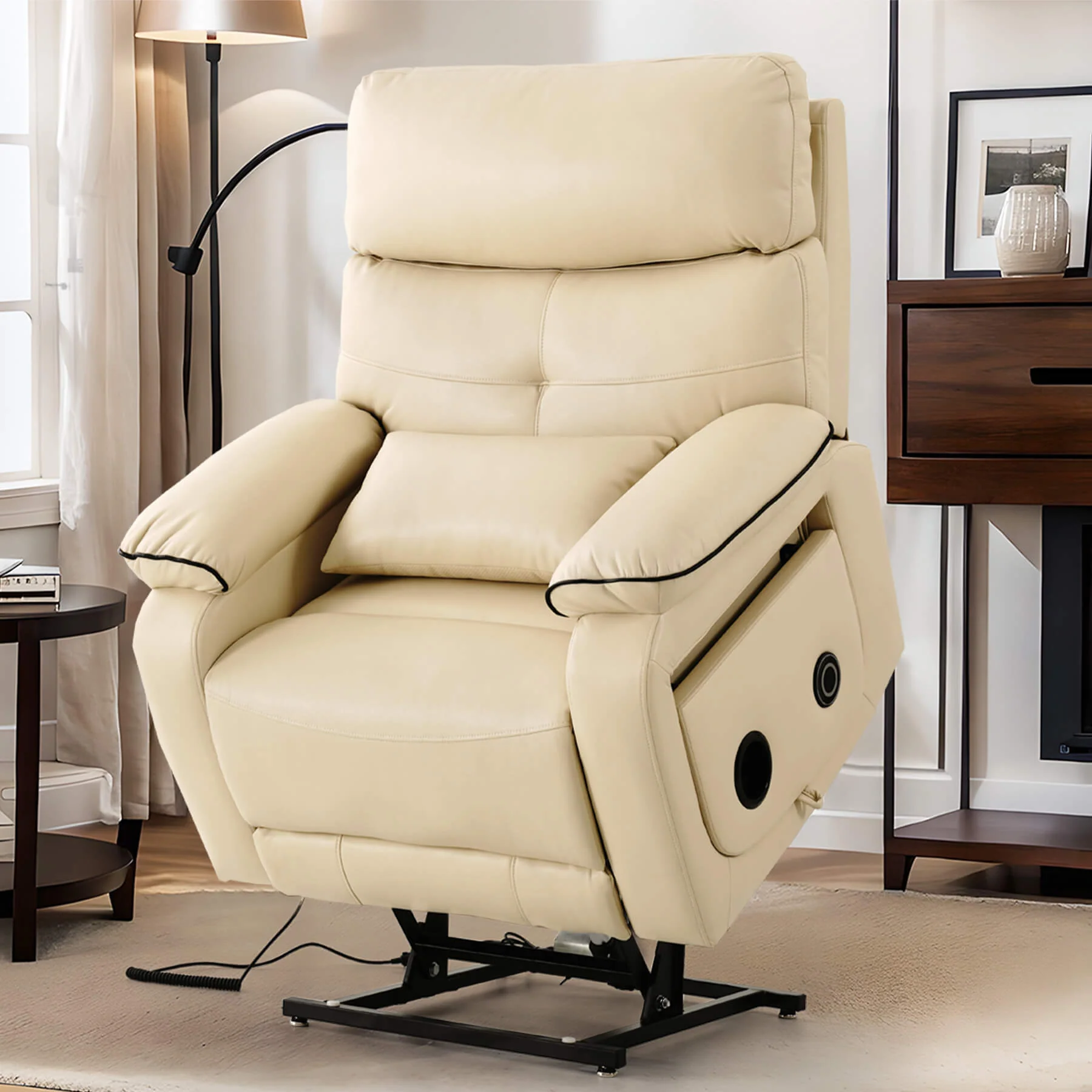 Infinite Position Power Lift Recliner Chair W/ Wireless Charger & Cup Holder, Vibration Massage & Heating, Genuine Leather - Image 10