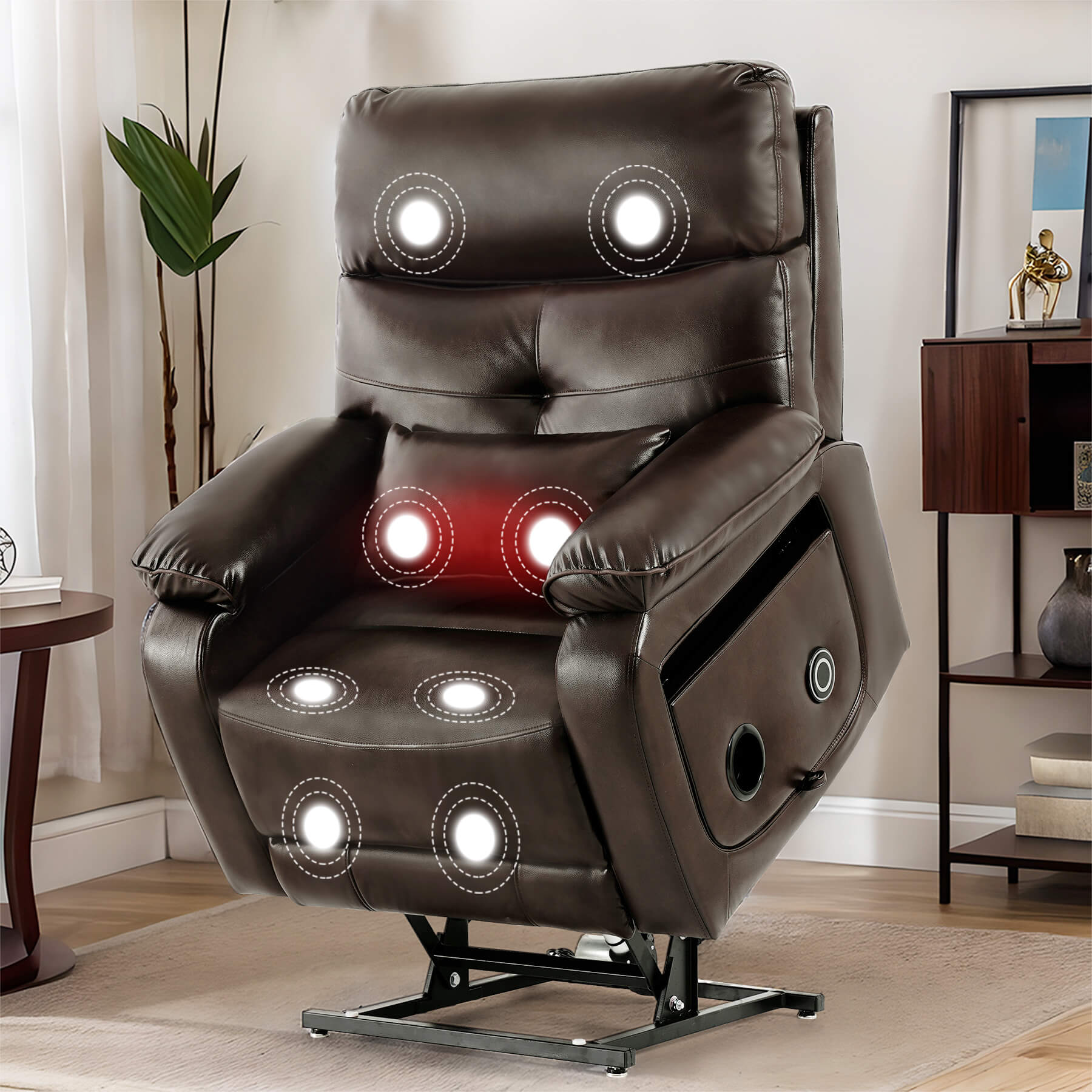 Infinite Position Power Lift Recliner Chair W/ Wireless Charger & Cup Holder, Vibration Massage & Heating, Genuine Leather - Image 11