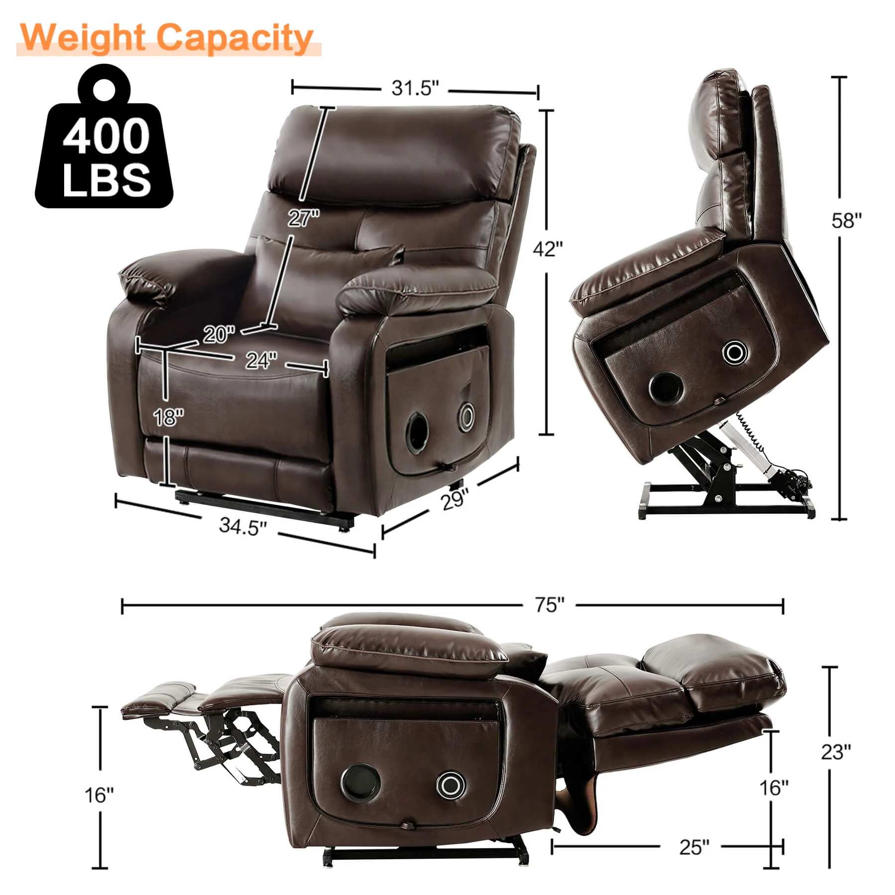 Infinite Position Power Lift Recliner Chair W/ Wireless Charger & Cup Holder, Vibration Massage & Heating, Genuine Leather - Image 13