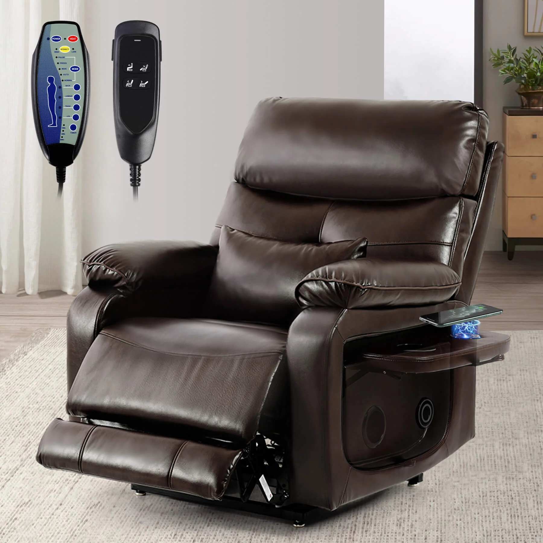 Infinite Position Power Lift Recliner Chair W/ Wireless Charger & Cup Holder, Vibration Massage & Heating, Genuine Leather - Image 14