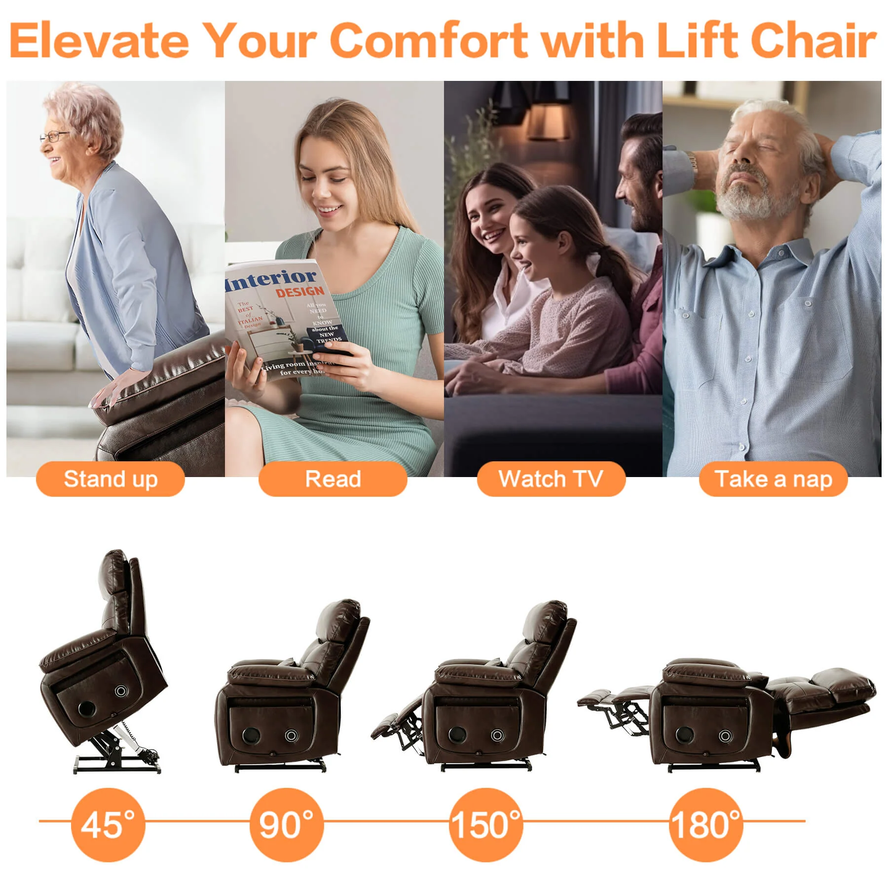 Infinite Position Power Lift Recliner Chair W/ Wireless Charger & Cup Holder, Vibration Massage & Heating, Genuine Leather - Image 15