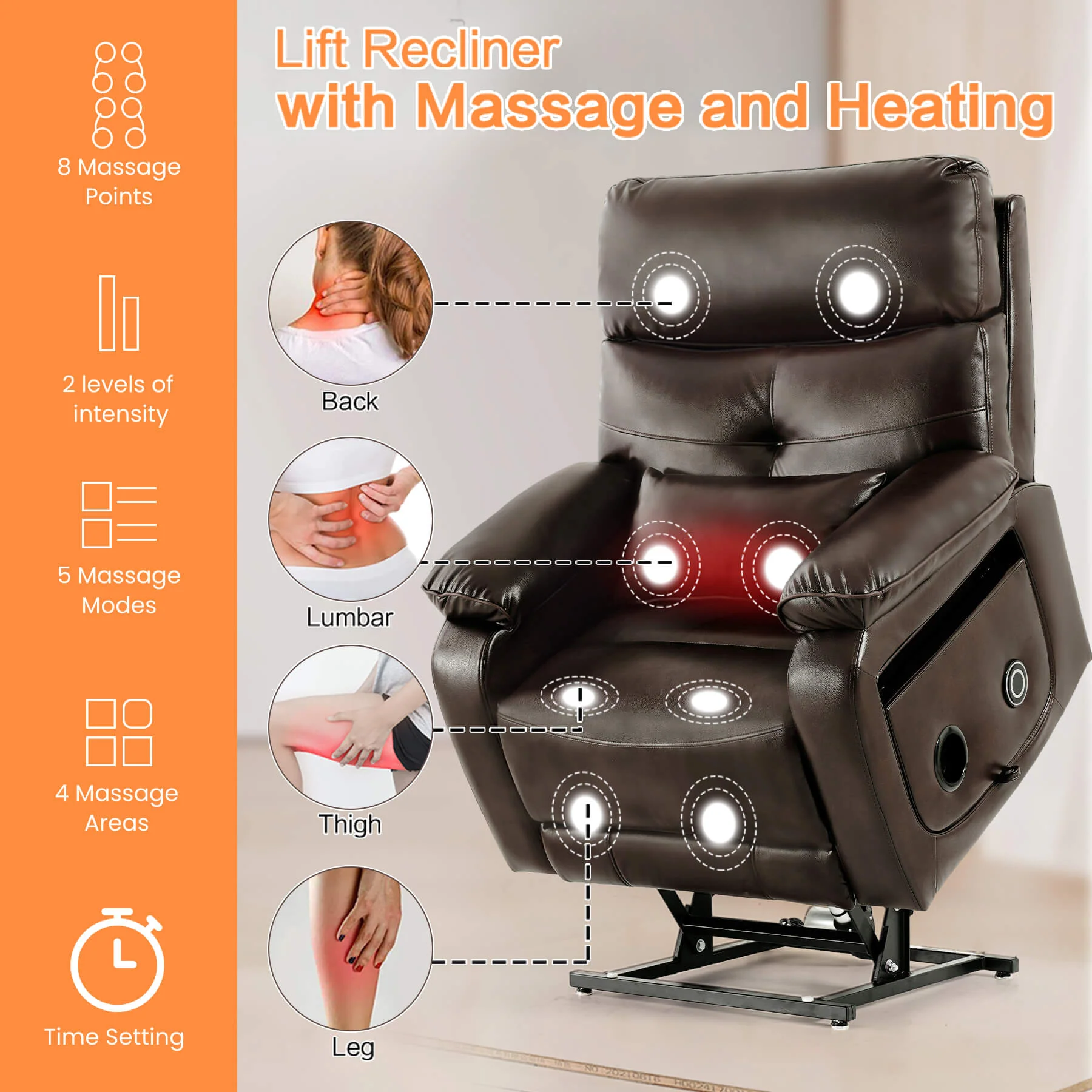 Infinite Position Power Lift Recliner Chair W/ Wireless Charger & Cup Holder, Vibration Massage & Heating, Genuine Leather - Image 16