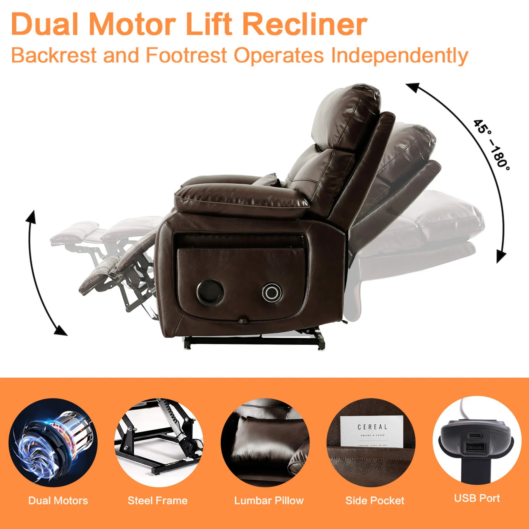 Infinite Position Power Lift Recliner Chair W/ Wireless Charger & Cup Holder, Vibration Massage & Heating, Genuine Leather - Image 17