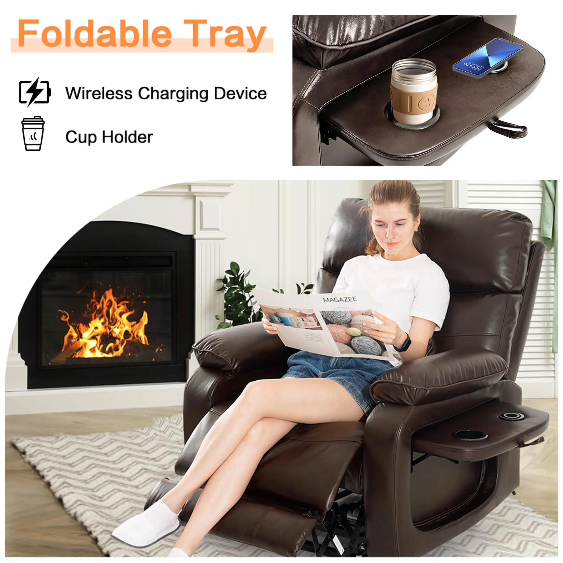 Infinite Position Power Lift Recliner Chair W/ Wireless Charger & Cup Holder, Vibration Massage & Heating, Genuine Leather - Image 18