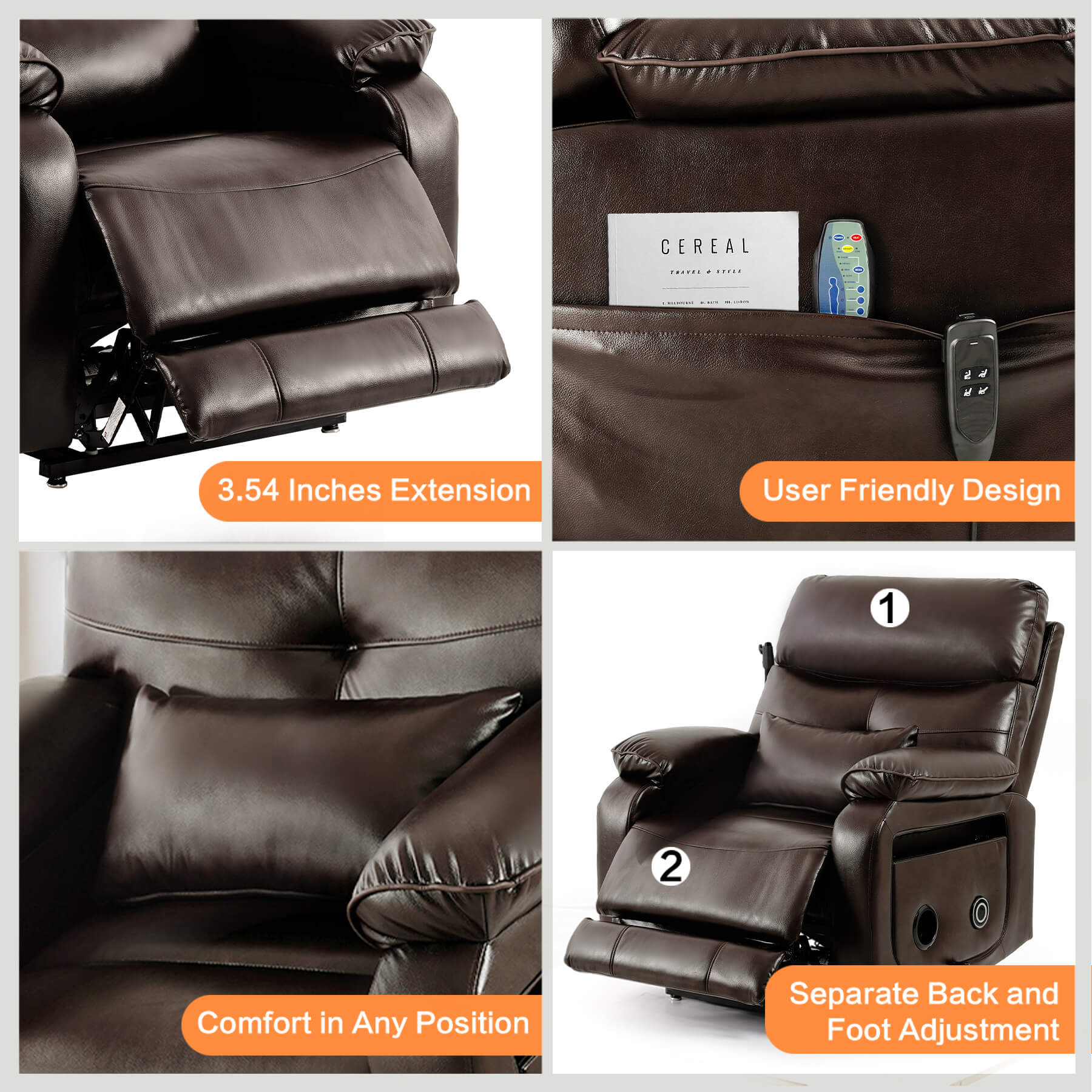 Infinite Position Power Lift Recliner Chair W/ Wireless Charger & Cup Holder, Vibration Massage & Heating, Genuine Leather - Image 19