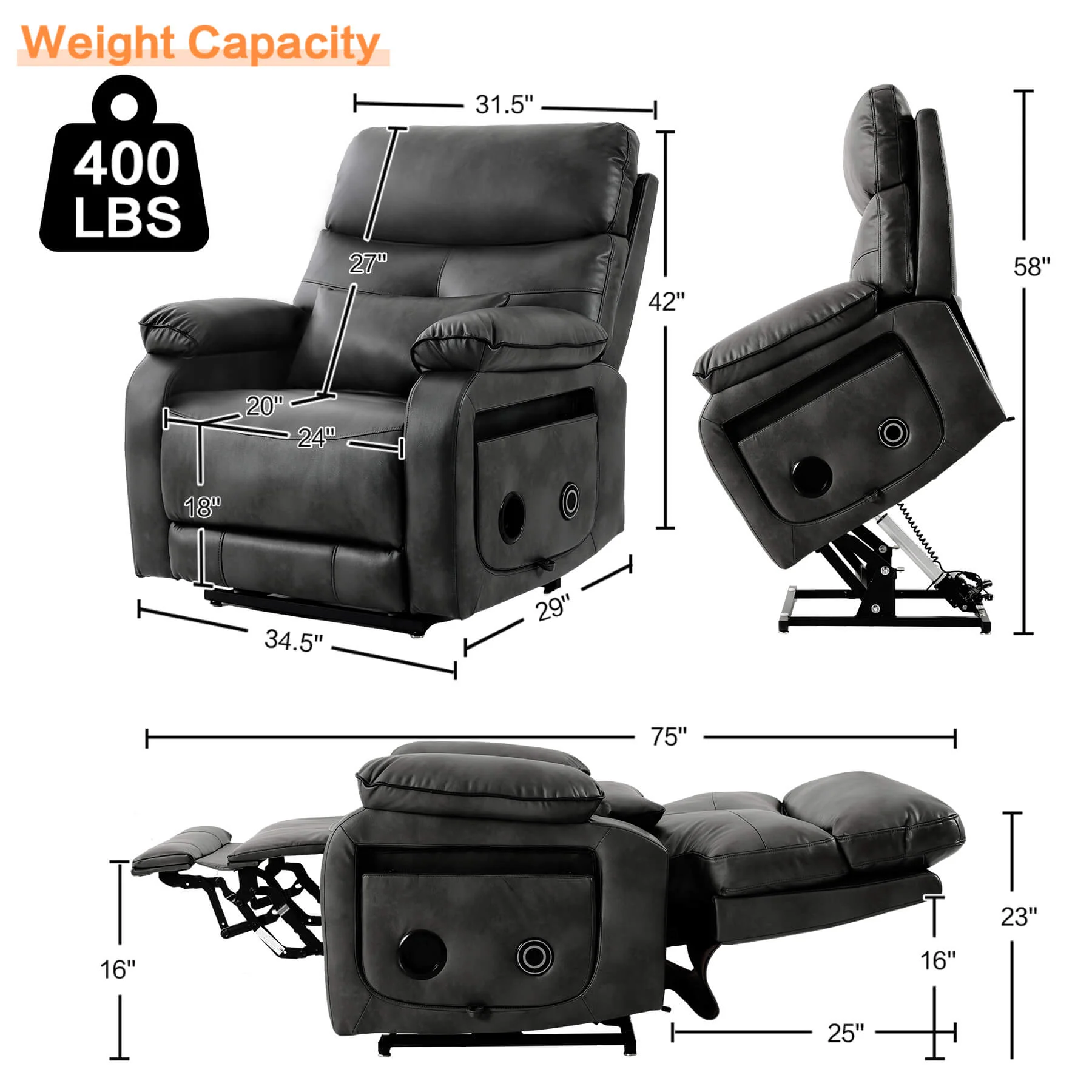 Infinite Position Power Lift Recliner Chair W/ Wireless Charger & Cup Holder, Vibration Massage & Heating, Genuine Leather - Image 23