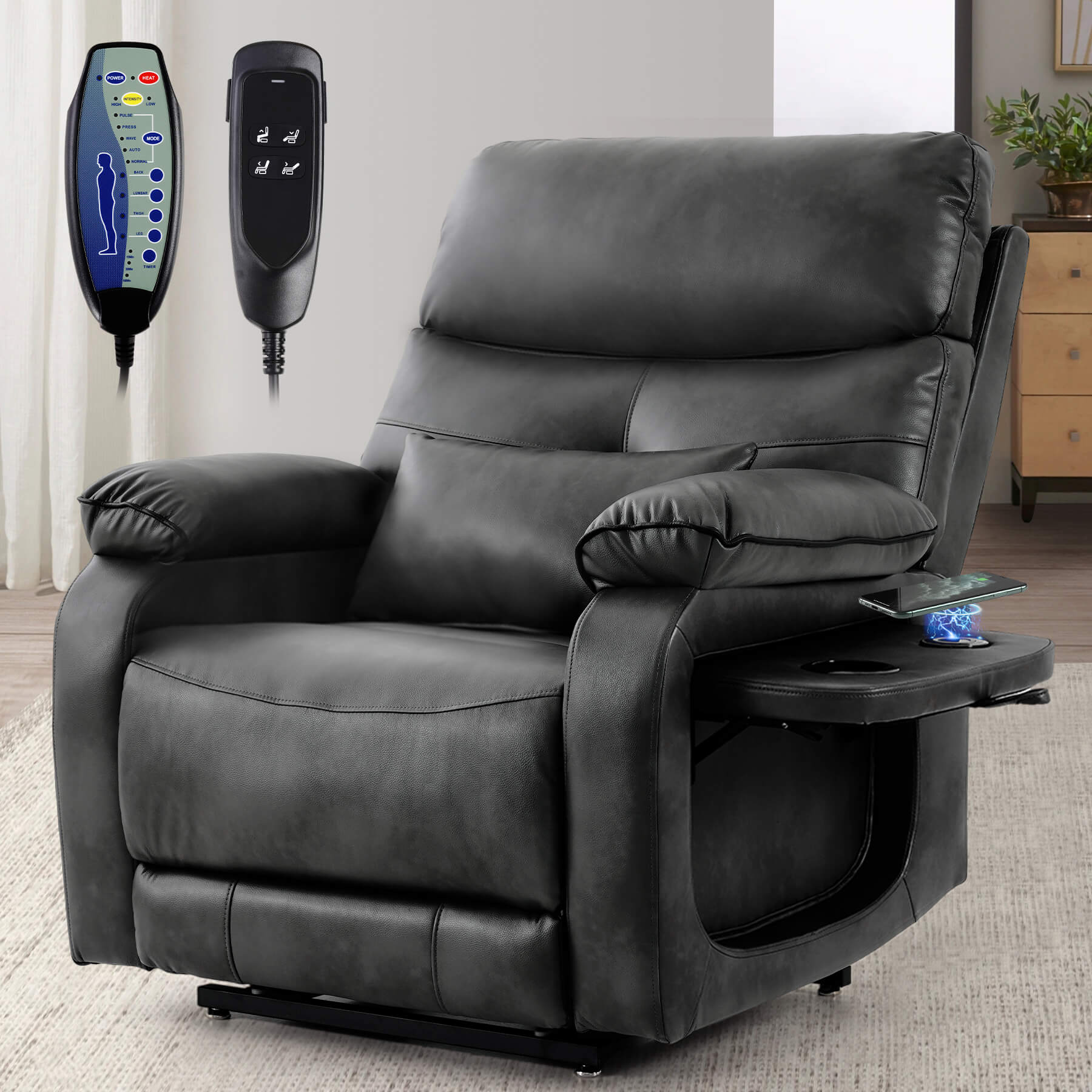 Infinite Position Power Lift Recliner Chair W/ Wireless Charger & Cup Holder, Vibration Massage & Heating, Genuine Leather - Image 24