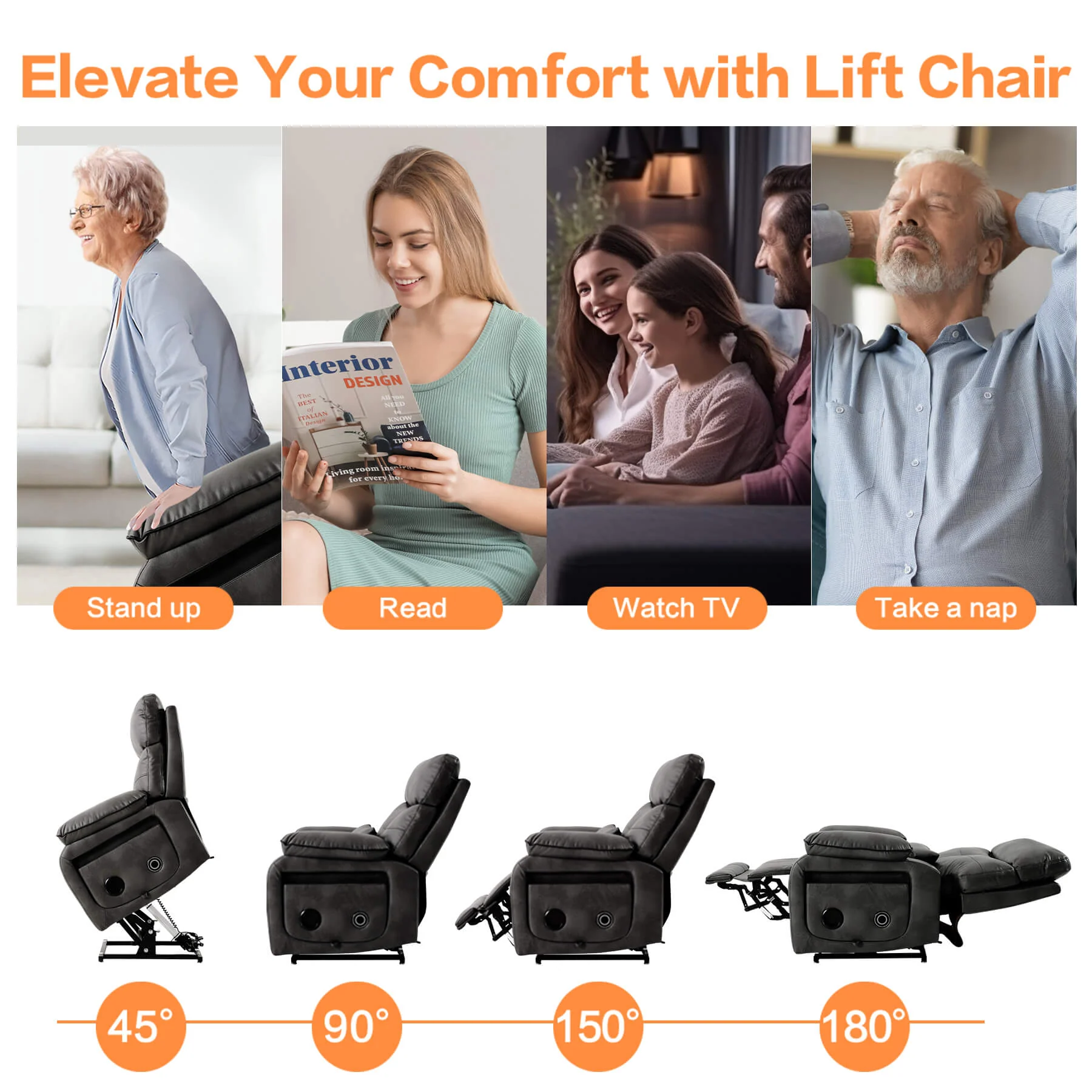 Infinite Position Power Lift Recliner Chair W/ Wireless Charger & Cup Holder, Vibration Massage & Heating, Genuine Leather - Image 25