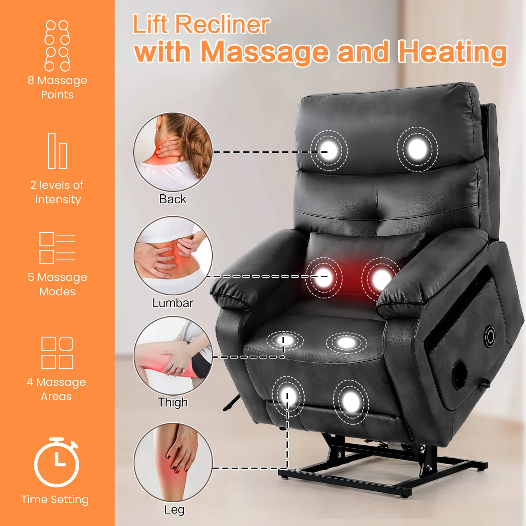 Infinite Position Power Lift Recliner Chair W/ Wireless Charger & Cup Holder, Vibration Massage & Heating, Genuine Leather - Image 26