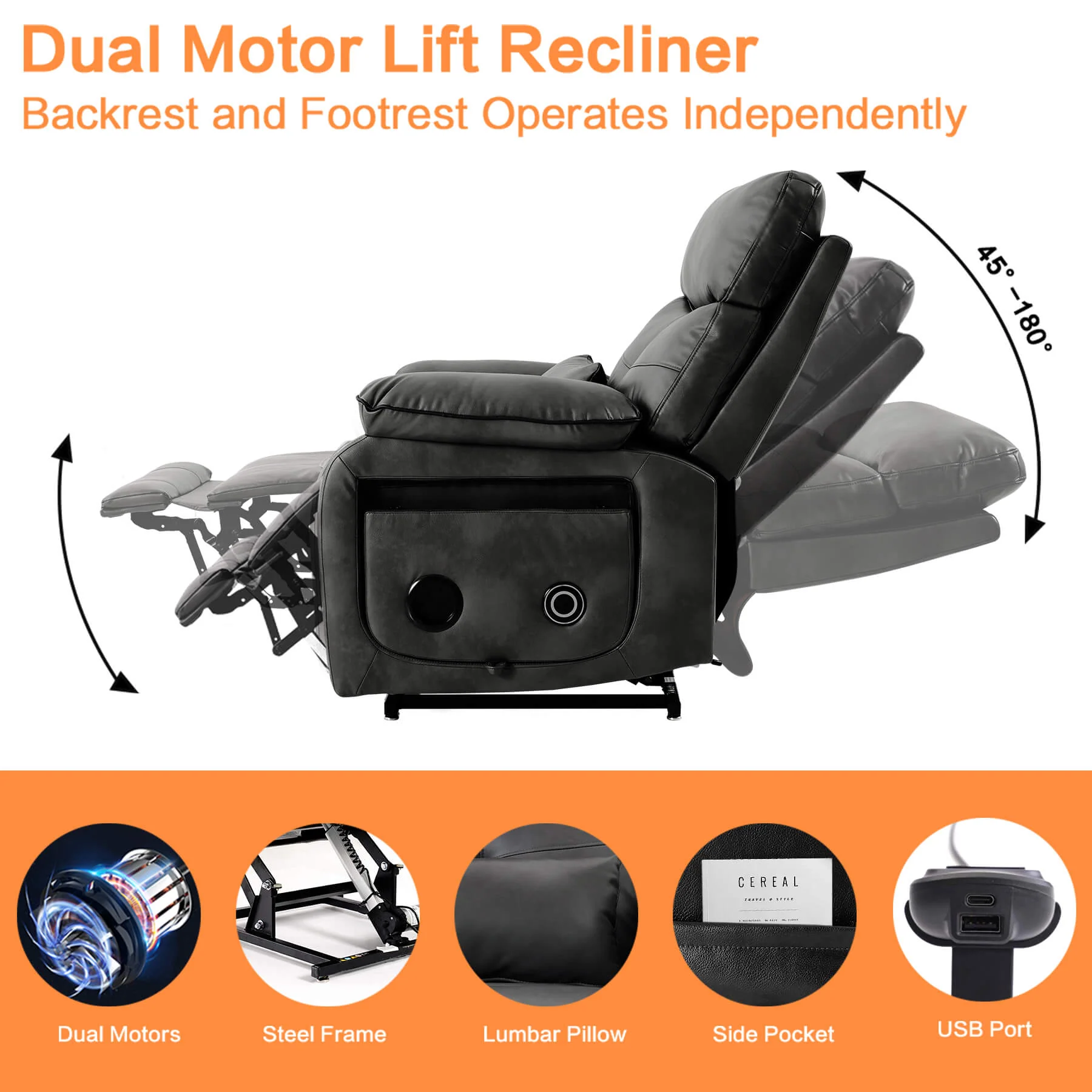 Infinite Position Power Lift Recliner Chair W/ Wireless Charger & Cup Holder, Vibration Massage & Heating, Genuine Leather - Image 27