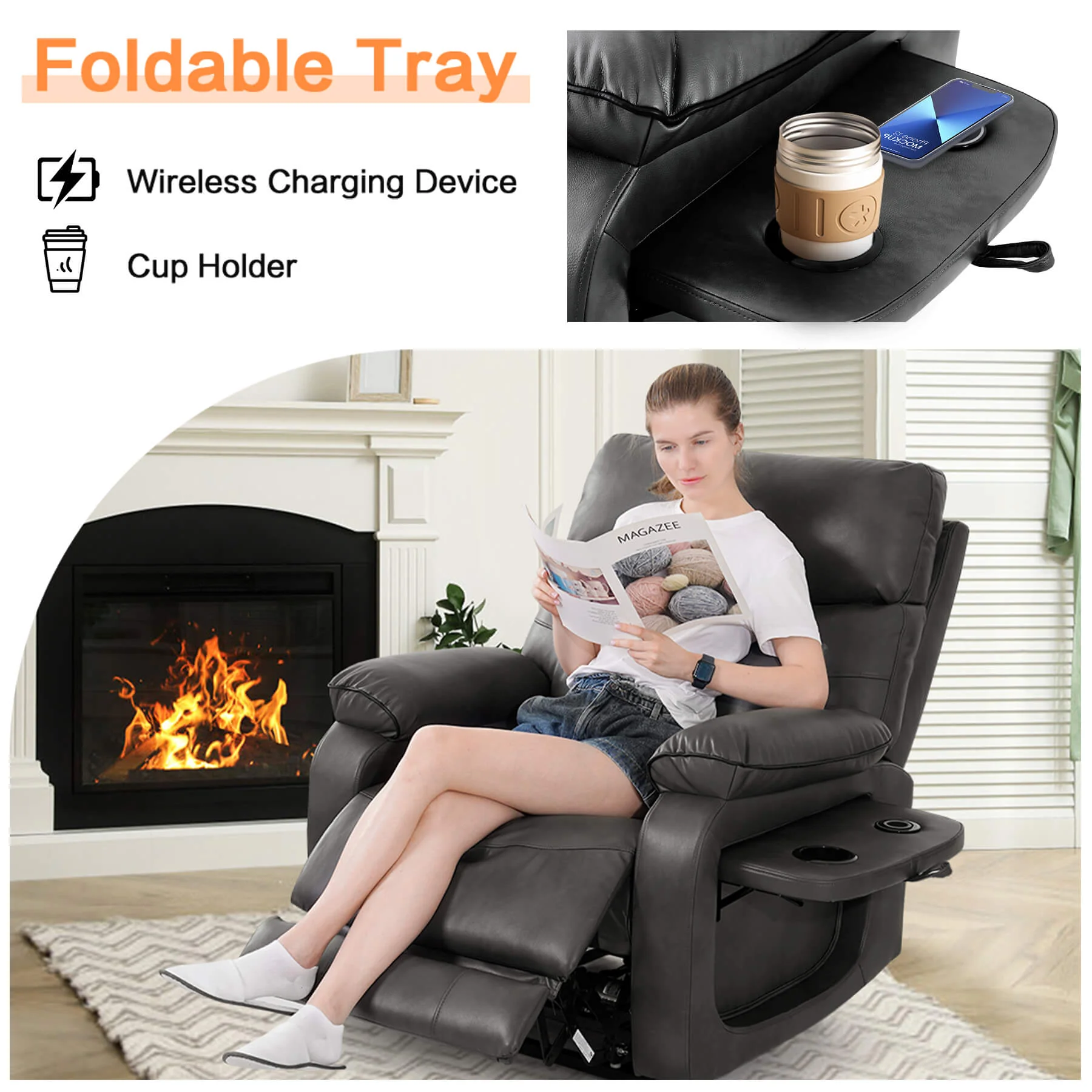 Infinite Position Power Lift Recliner Chair W/ Wireless Charger & Cup Holder, Vibration Massage & Heating, Genuine Leather - Image 28