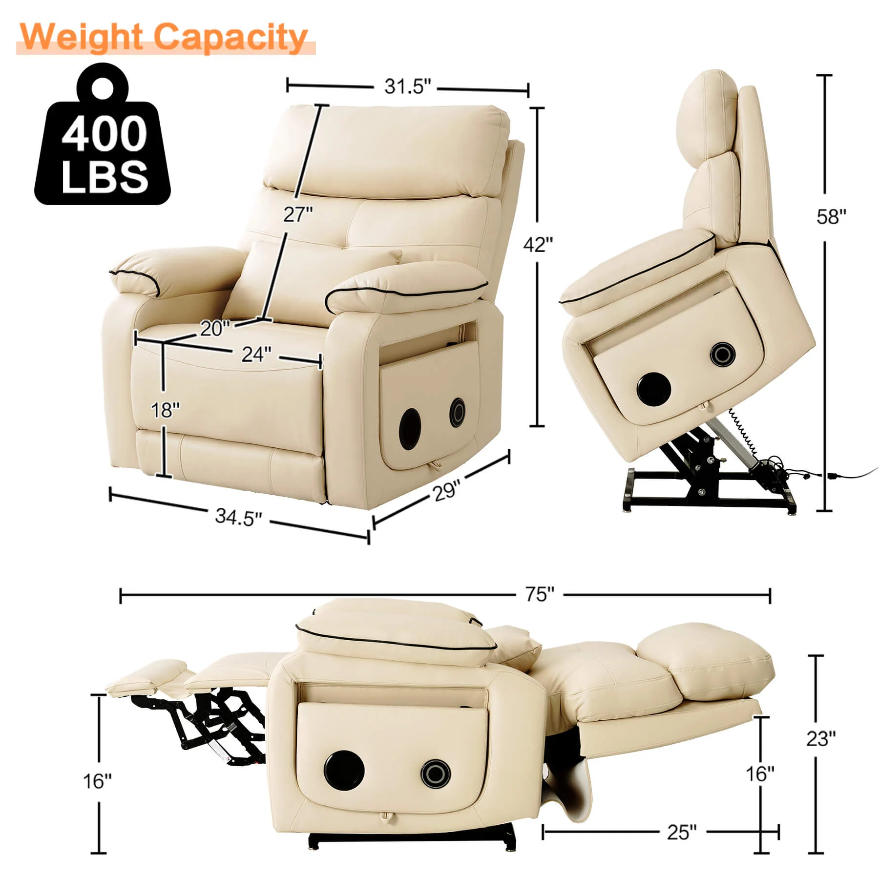 Infinite Position Power Lift Recliner Chair W/ Wireless Charger & Cup Holder, Vibration Massage & Heating, Genuine Leather - Image 3