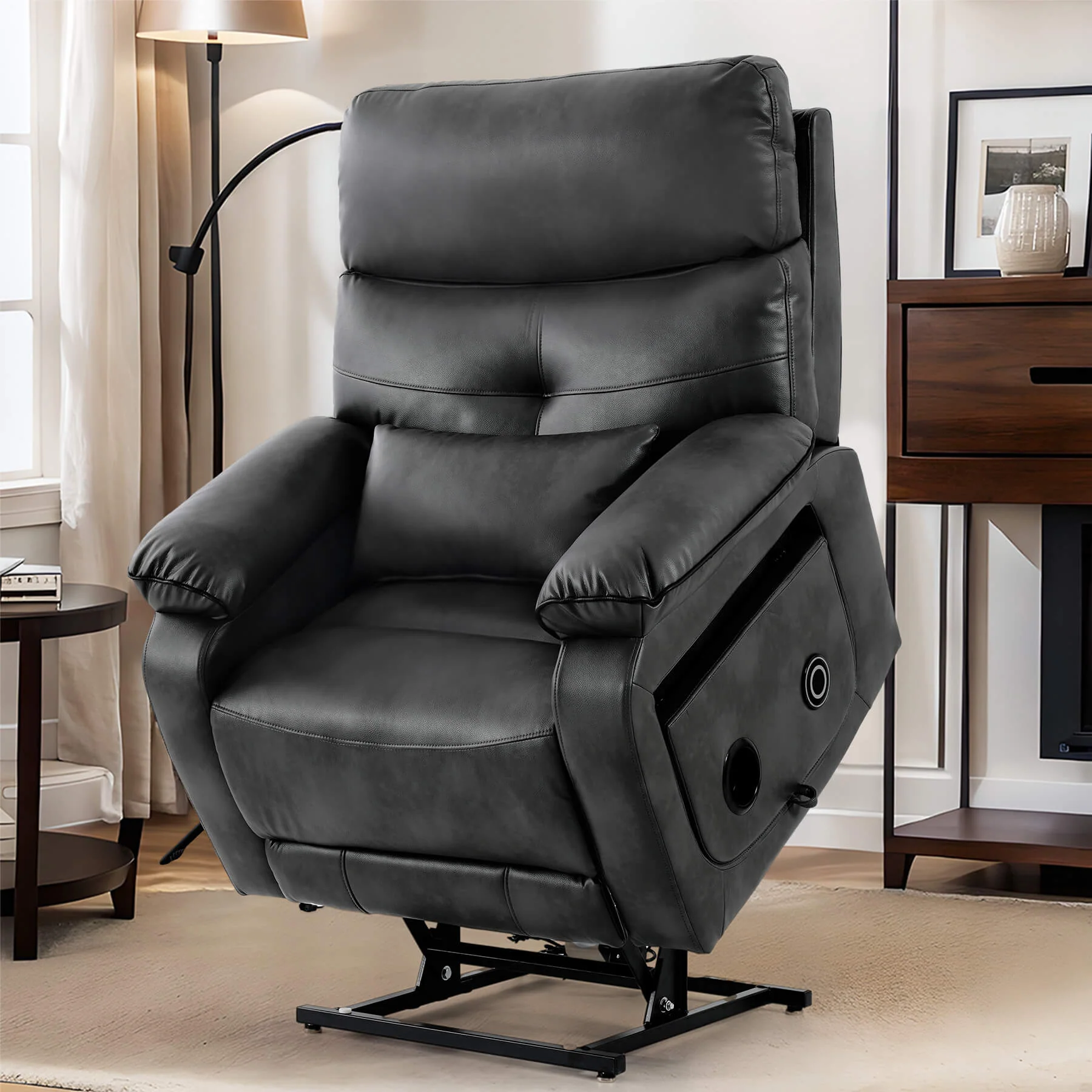 Infinite Position Power Lift Recliner Chair W/ Wireless Charger & Cup Holder, Vibration Massage & Heating, Genuine Leather - Image 30