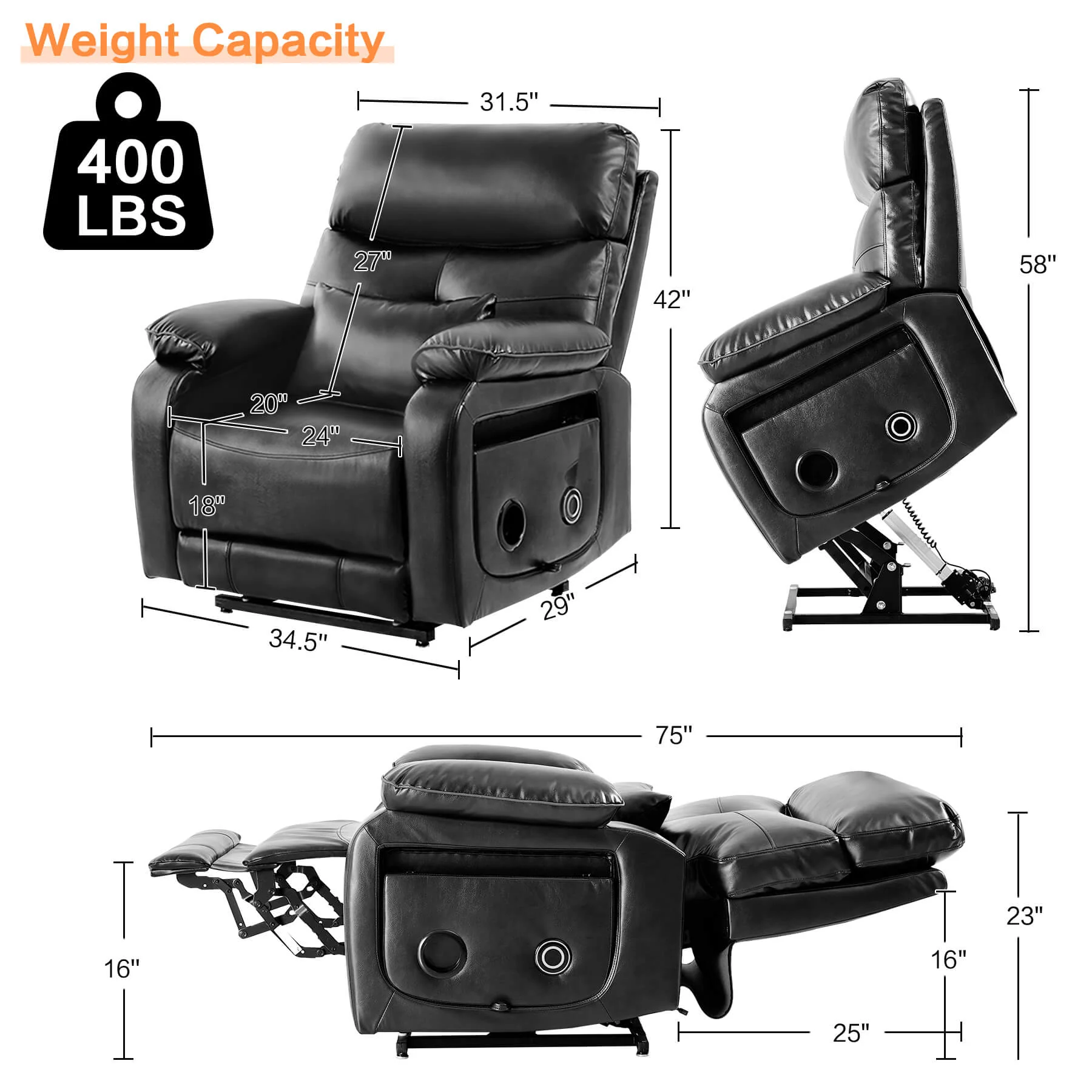 Infinite Position Power Lift Recliner Chair W/ Wireless Charger & Cup Holder, Vibration Massage & Heating, Genuine Leather - Image 33