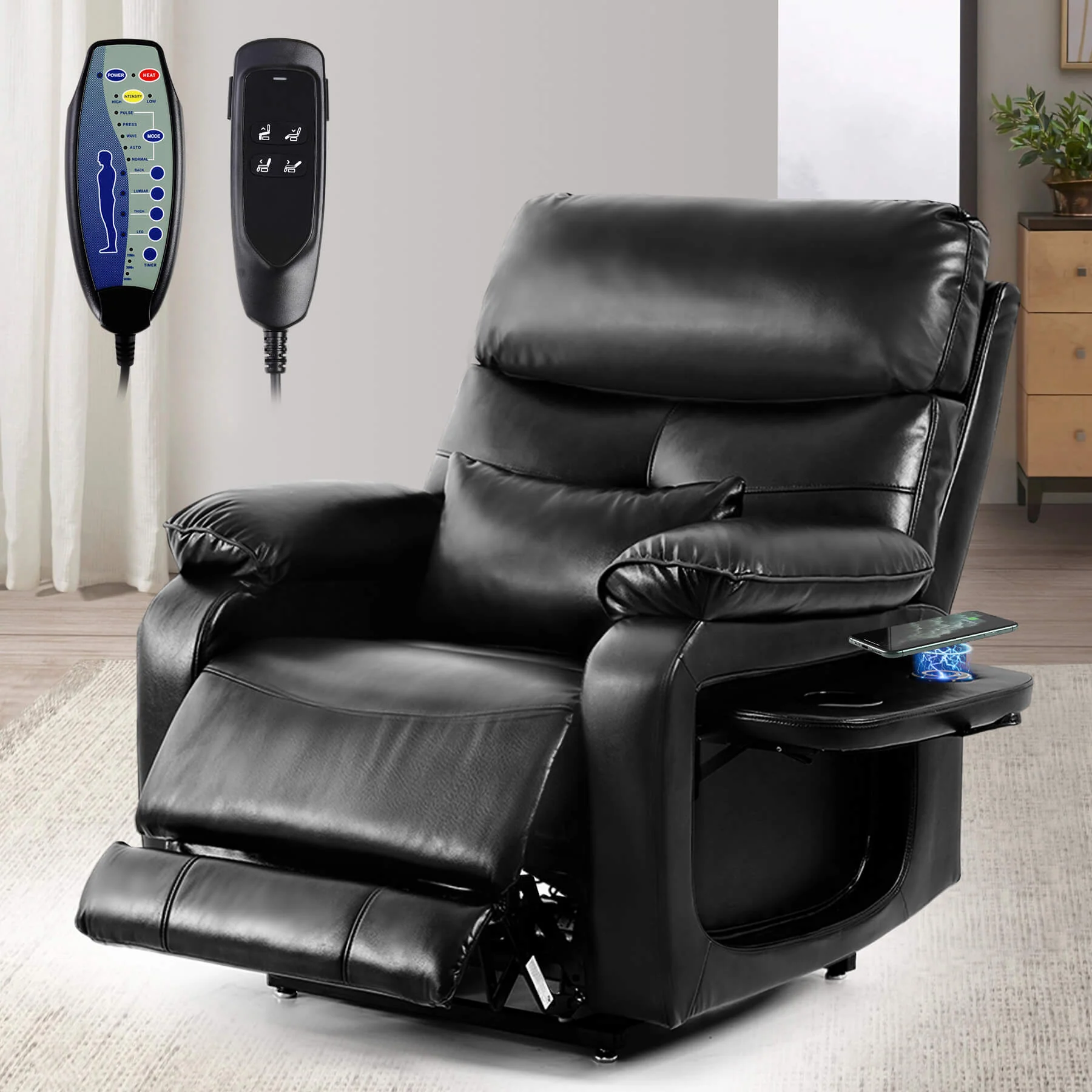 Infinite Position Power Lift Recliner Chair W/ Wireless Charger & Cup Holder, Vibration Massage & Heating, Genuine Leather - Image 34