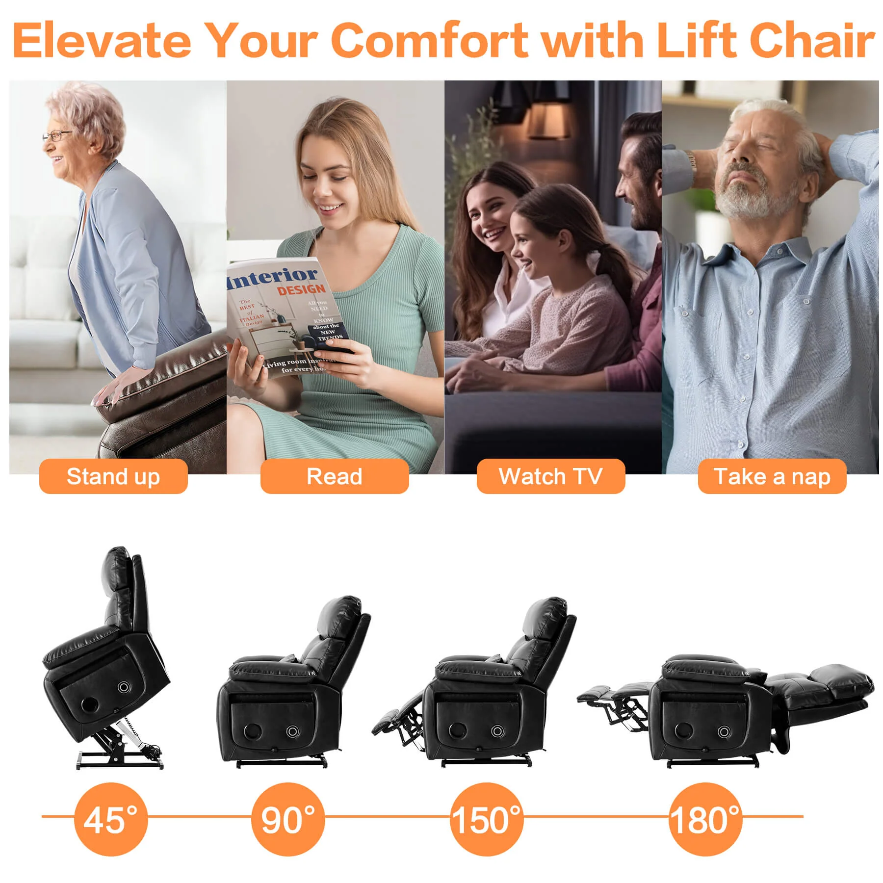 Infinite Position Power Lift Recliner Chair W/ Wireless Charger & Cup Holder, Vibration Massage & Heating, Genuine Leather - Image 35