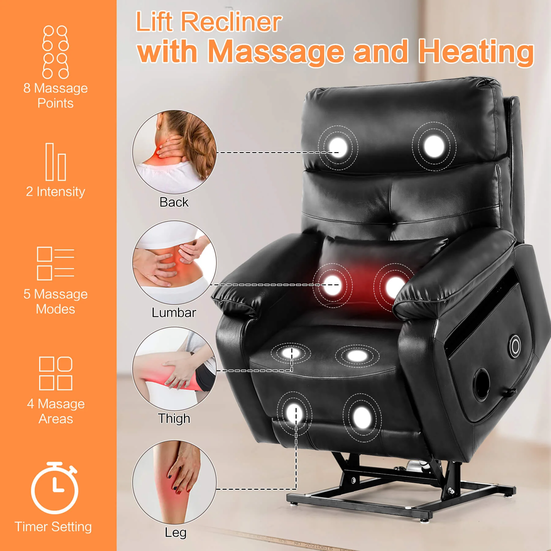 Infinite Position Power Lift Recliner Chair W/ Wireless Charger & Cup Holder, Vibration Massage & Heating, Genuine Leather - Image 36