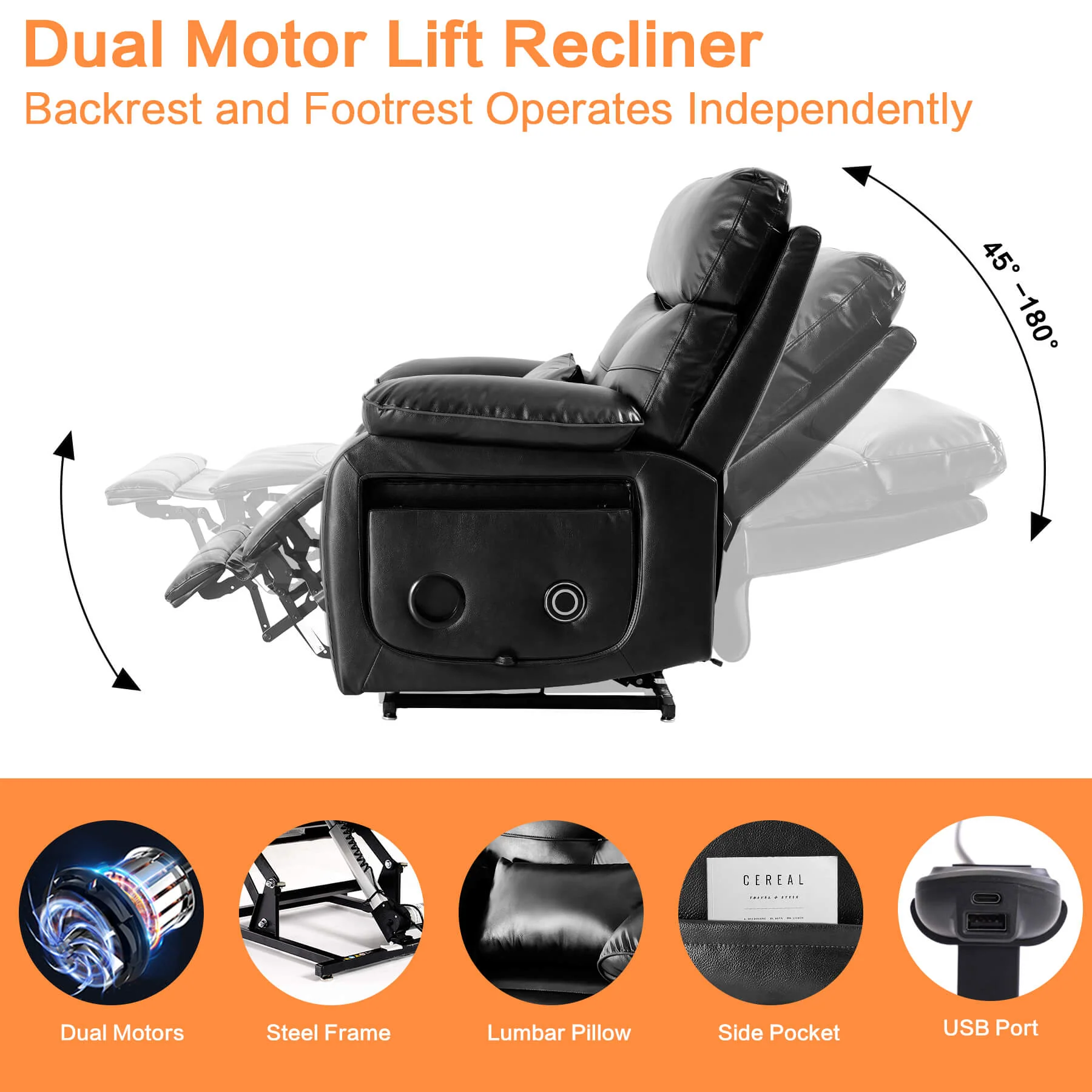 Infinite Position Power Lift Recliner Chair W/ Wireless Charger & Cup Holder, Vibration Massage & Heating, Genuine Leather - Image 37