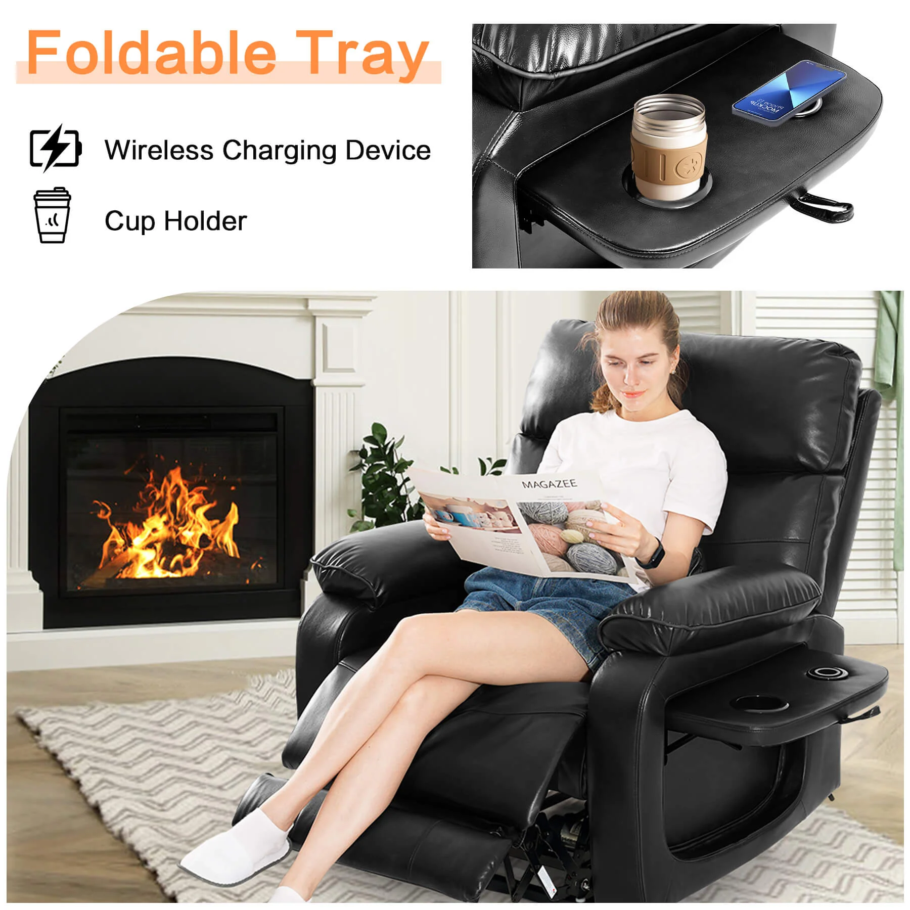 Infinite Position Power Lift Recliner Chair W/ Wireless Charger & Cup Holder, Vibration Massage & Heating, Genuine Leather - Image 38