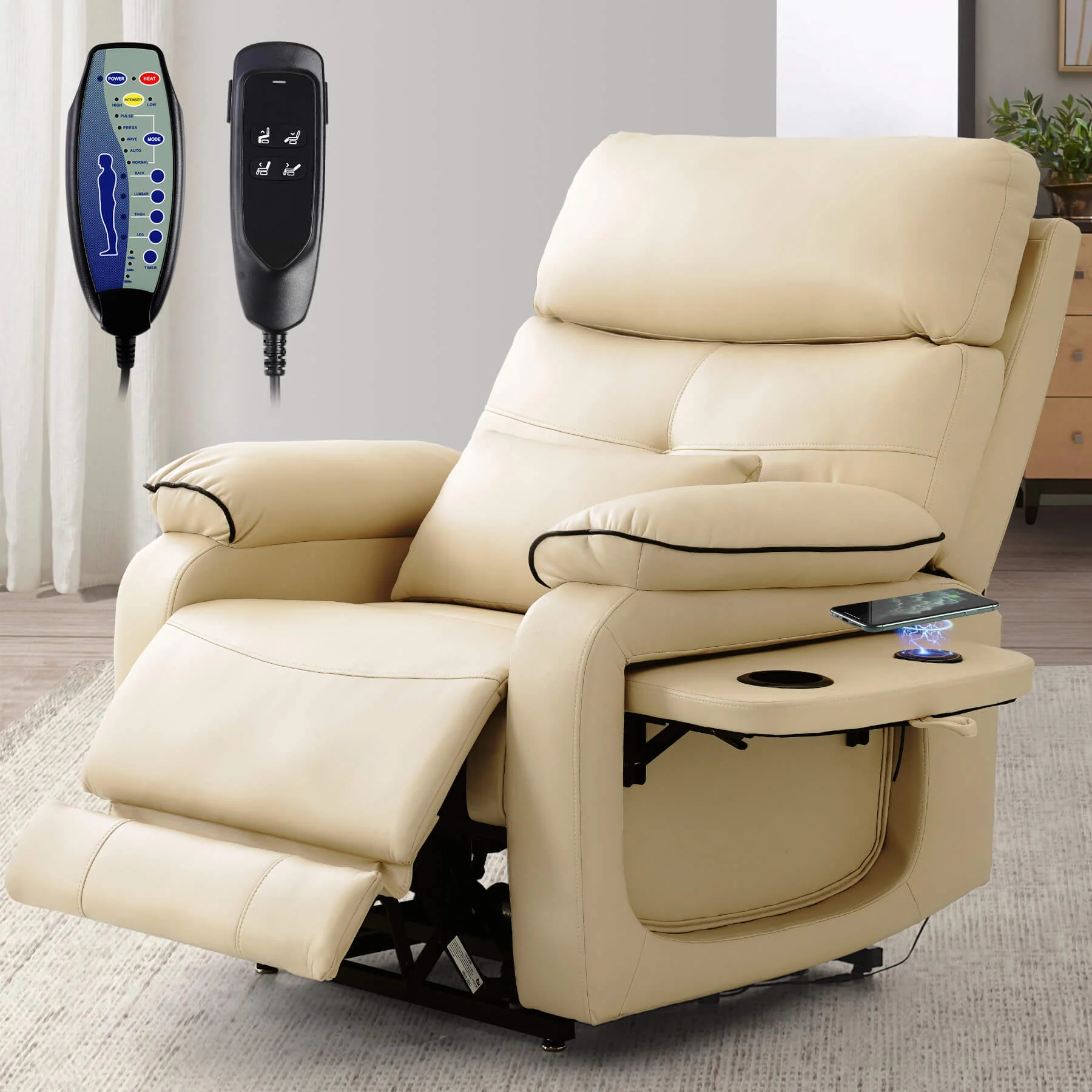 Infinite Position Power Lift Recliner Chair W/ Wireless Charger & Cup Holder, Vibration Massage & Heating, Genuine Leather - Image 4